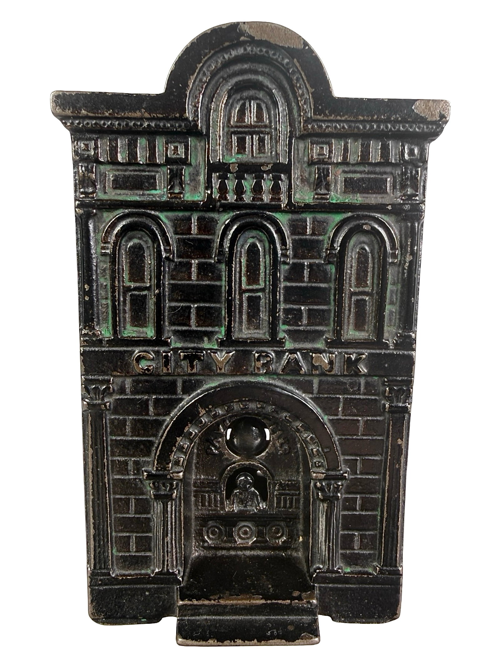 Ebony Black City Bank with Teller: Very Rare Version with Twist Pin. Made by the H. L. Judd Company. Wallingford, Ct. - 1890's - 5 1/4" T. The Tom Kellogg Collection.