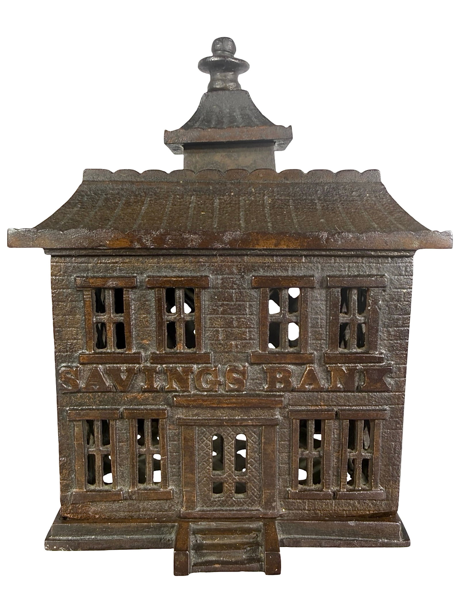Savings Bank - Pagoda Roofline: Very Rare - Fewer Than Ten Exist. Unknown U. S. or European Maker. Circa Mid 1890's - 5 3/4" Tall. The Tom Kellogg Collection.