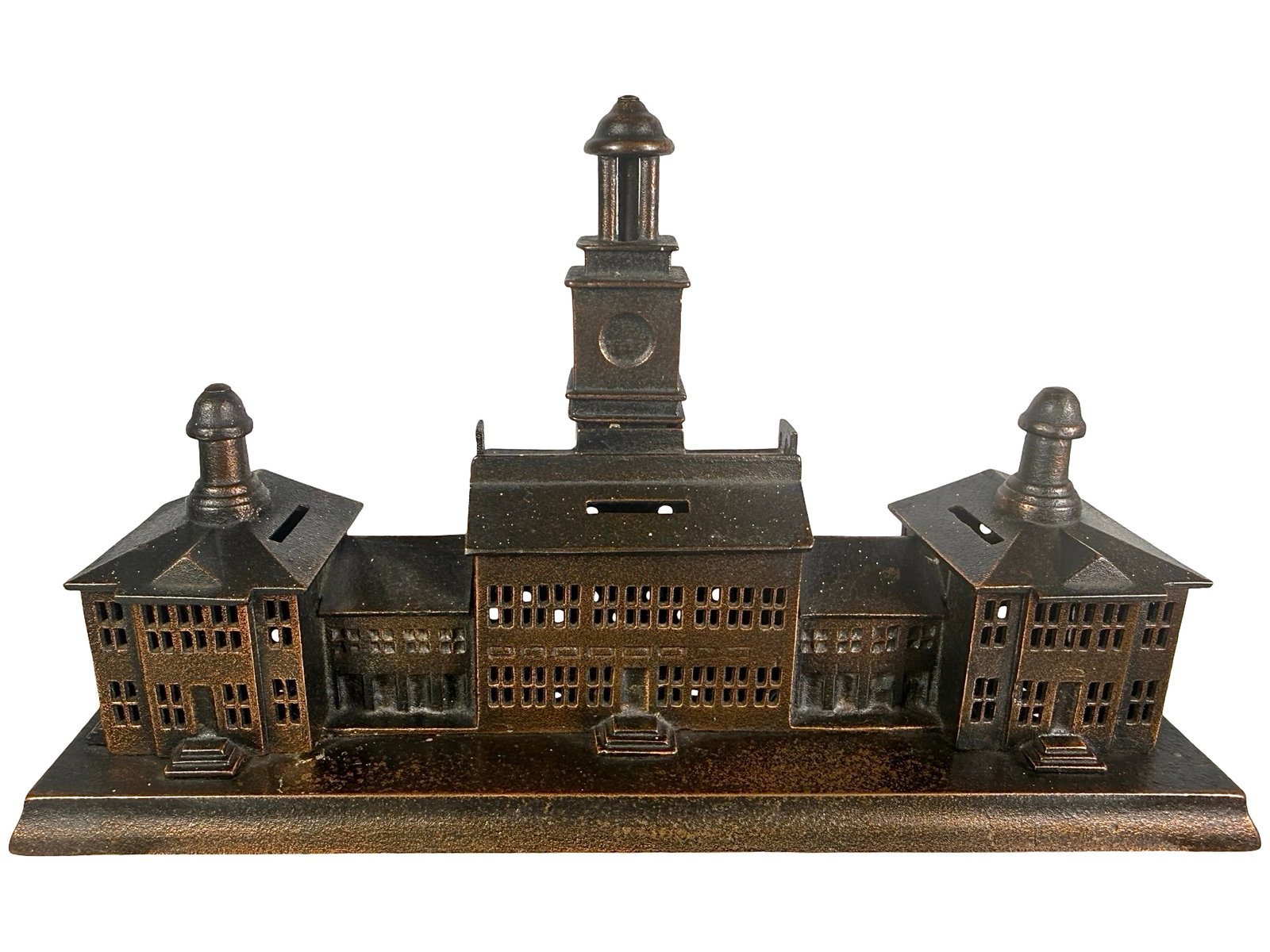 Independence Hall Bank - 3 in 1 - Desirable Electroplated Specimen: Made by Enterprise Mfg. Company. Philadelphia - 1876 - 6 3/8" T x 11" W. Shown on P. 109 in the Peirce Book. The Tom Kellogg Collection.