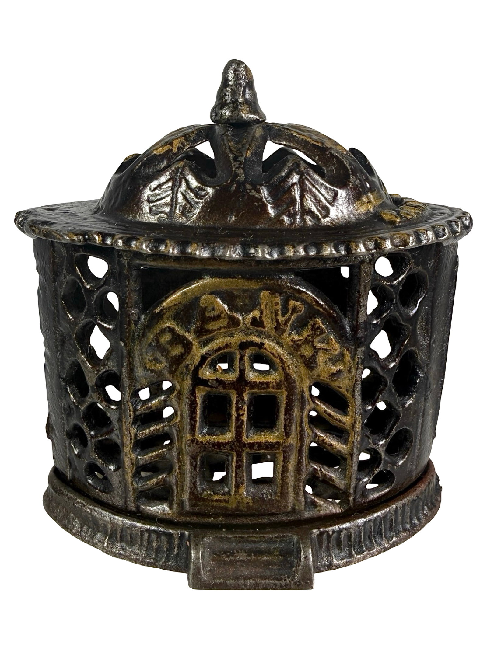 Japanned Oriental Bank: Made by Kyser & Rex Company. Frankford, Pa. - Mid 1880's - 3" T. Shown on P. 200 in Peirce Book. The Tom Kellogg Collection.