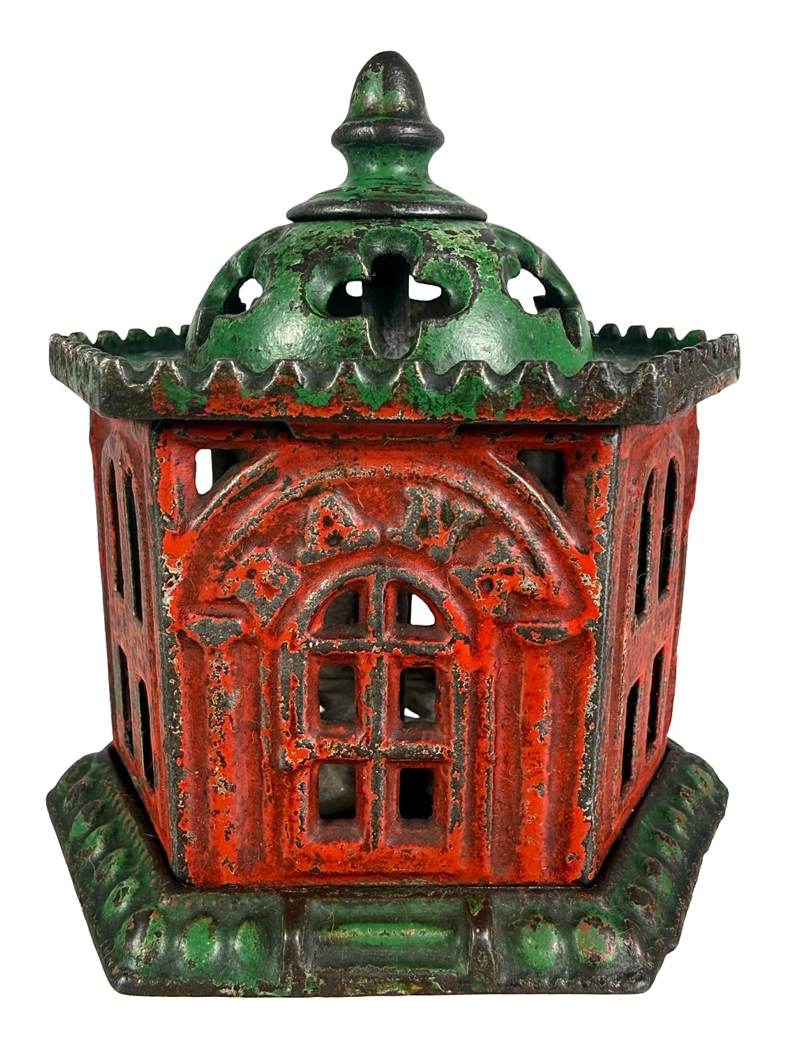 Painted Pavilion Bank Building: Made by Kyser & Rex Company. Frankford, Pa. - 1880's - 3 1/8" T. Shown on P. 199 in Peirce Book. The Tom Kellogg Collection.