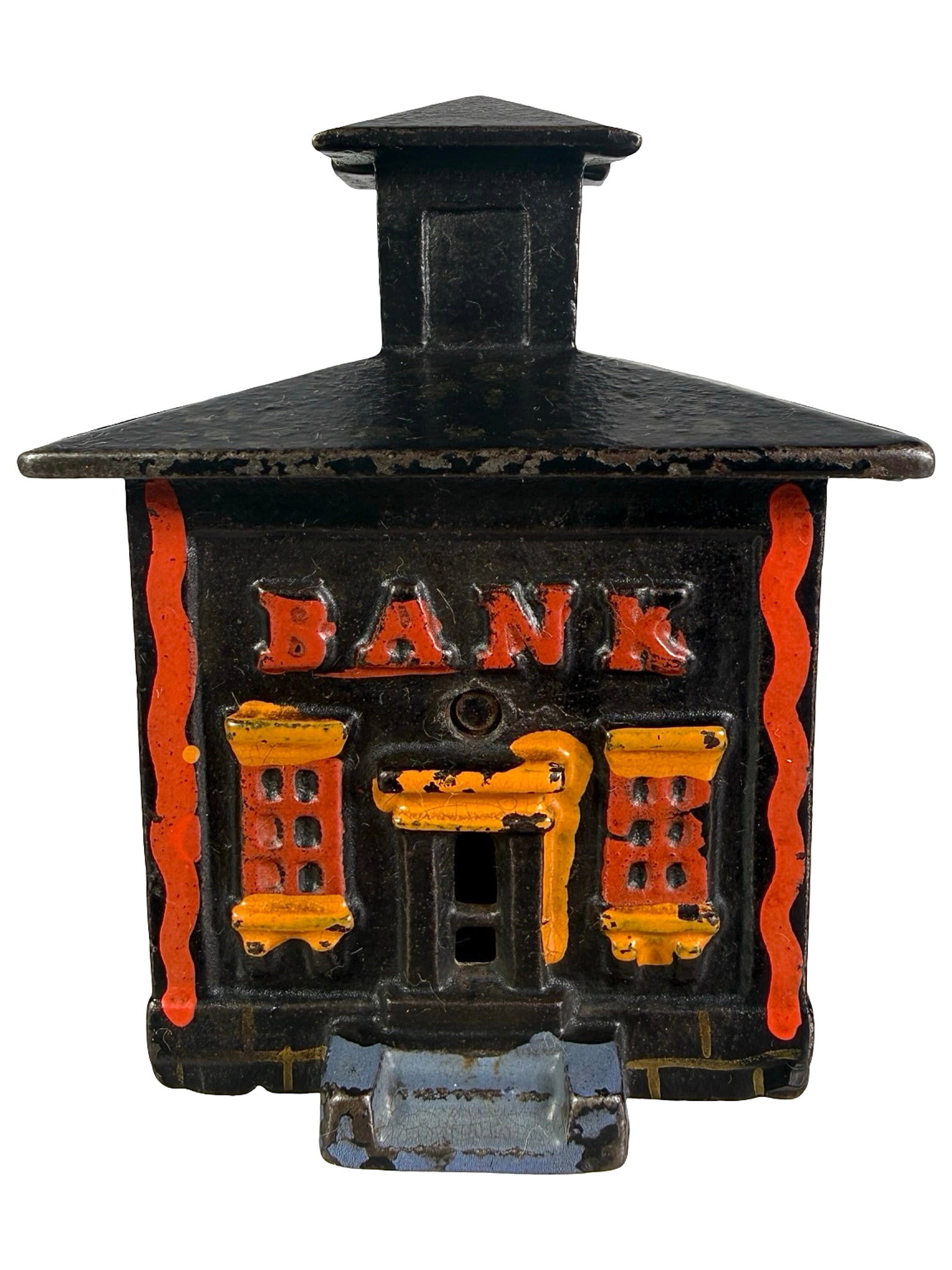 Small Cupola Bank: Black, Red & Salmon. The J. & E. Stevens Company. Cromwell, Ct. - 1880 - 3 1/4" T. The Tom Kellogg Collection.