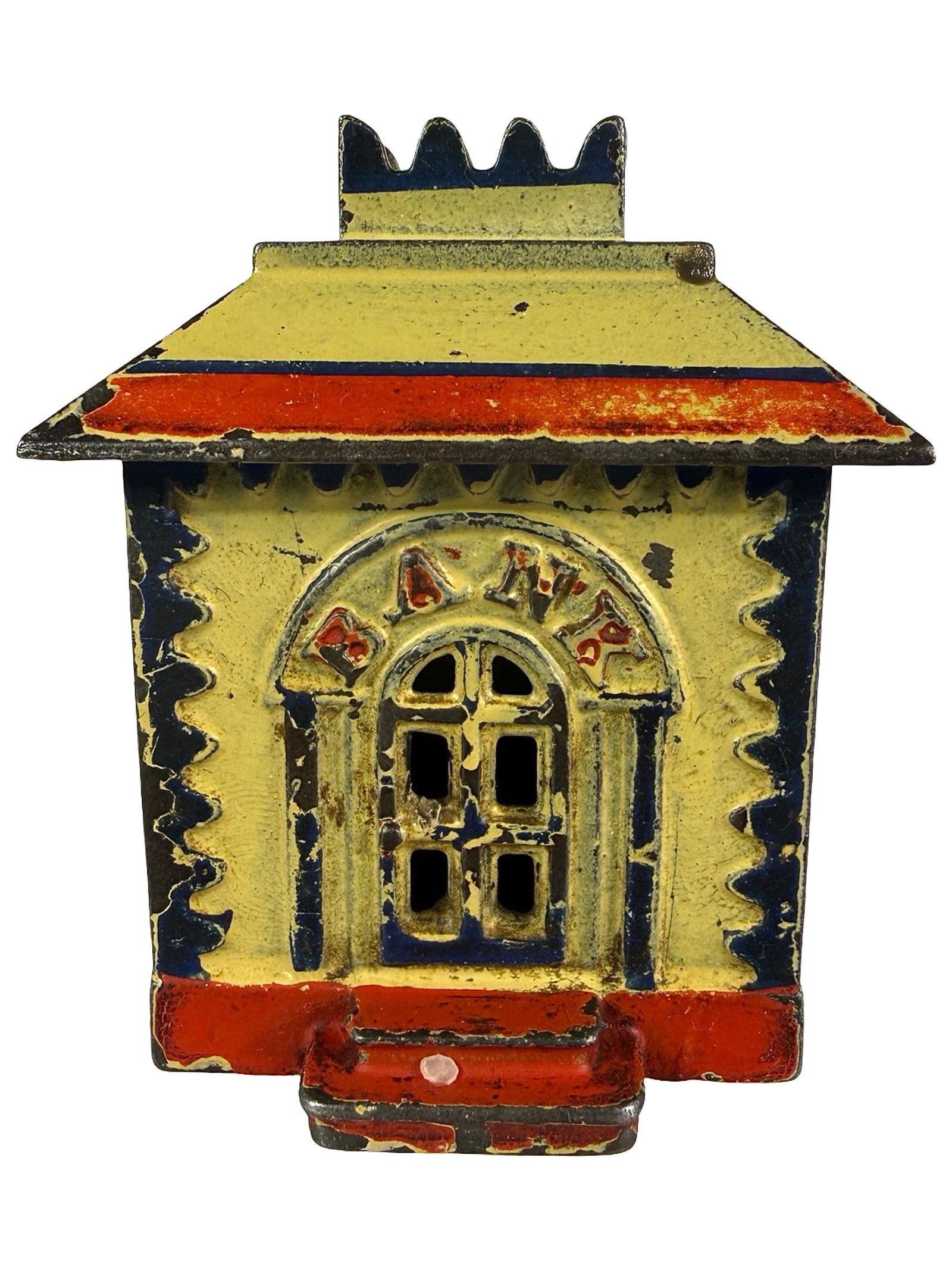 Small Yellow Crown Bank: The J. & E. Stevens Company. Cromwell, Ct. - 1880's - 3" T. The Tom Kellogg Collection.