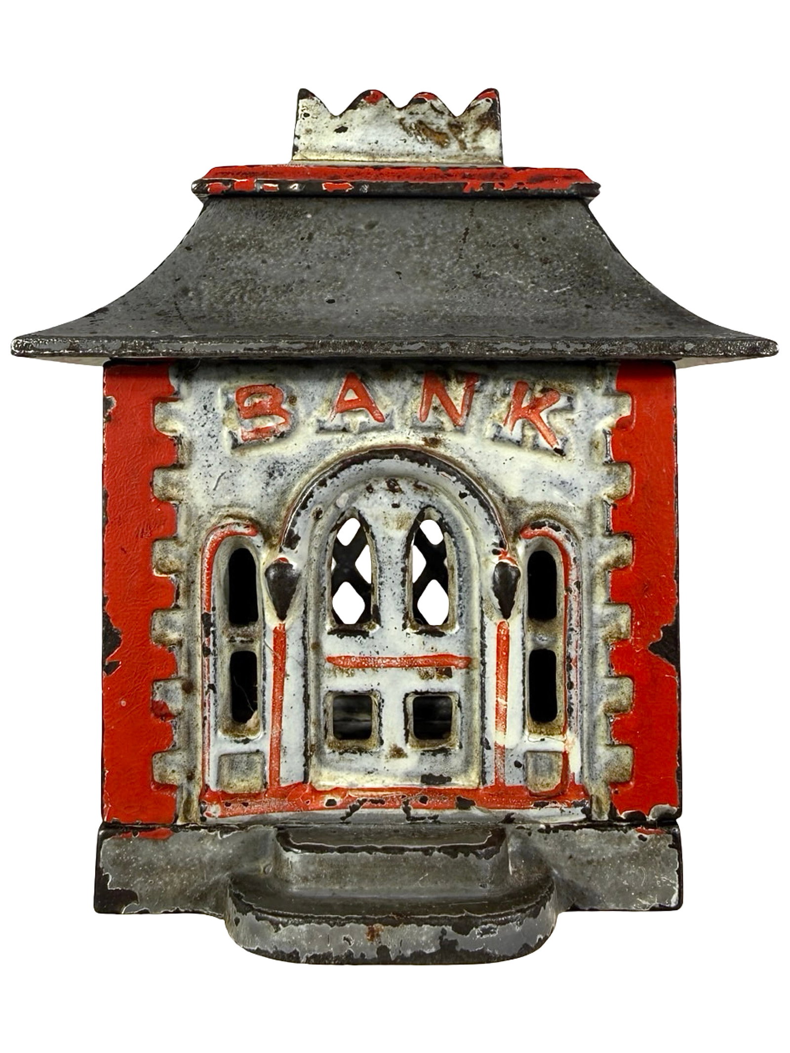 Small Tan & Red Home Bank: Unknown American Maker. Circa Early 1890's - 3" Tall. The Tom Kellogg Collection.
