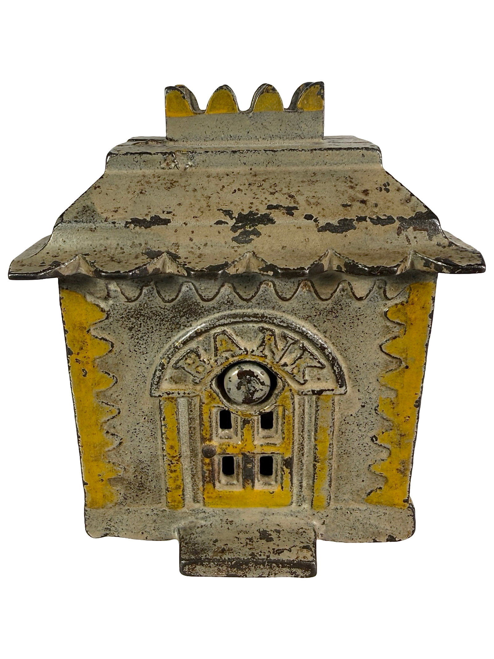 Crown Bank - Scalloped Roof: Unknown American Manufacturer. Circa Mid 1890's - 3 1/2" Tall. Shown on P. 170 in Peirce Book. The Tom Kellogg Collection.