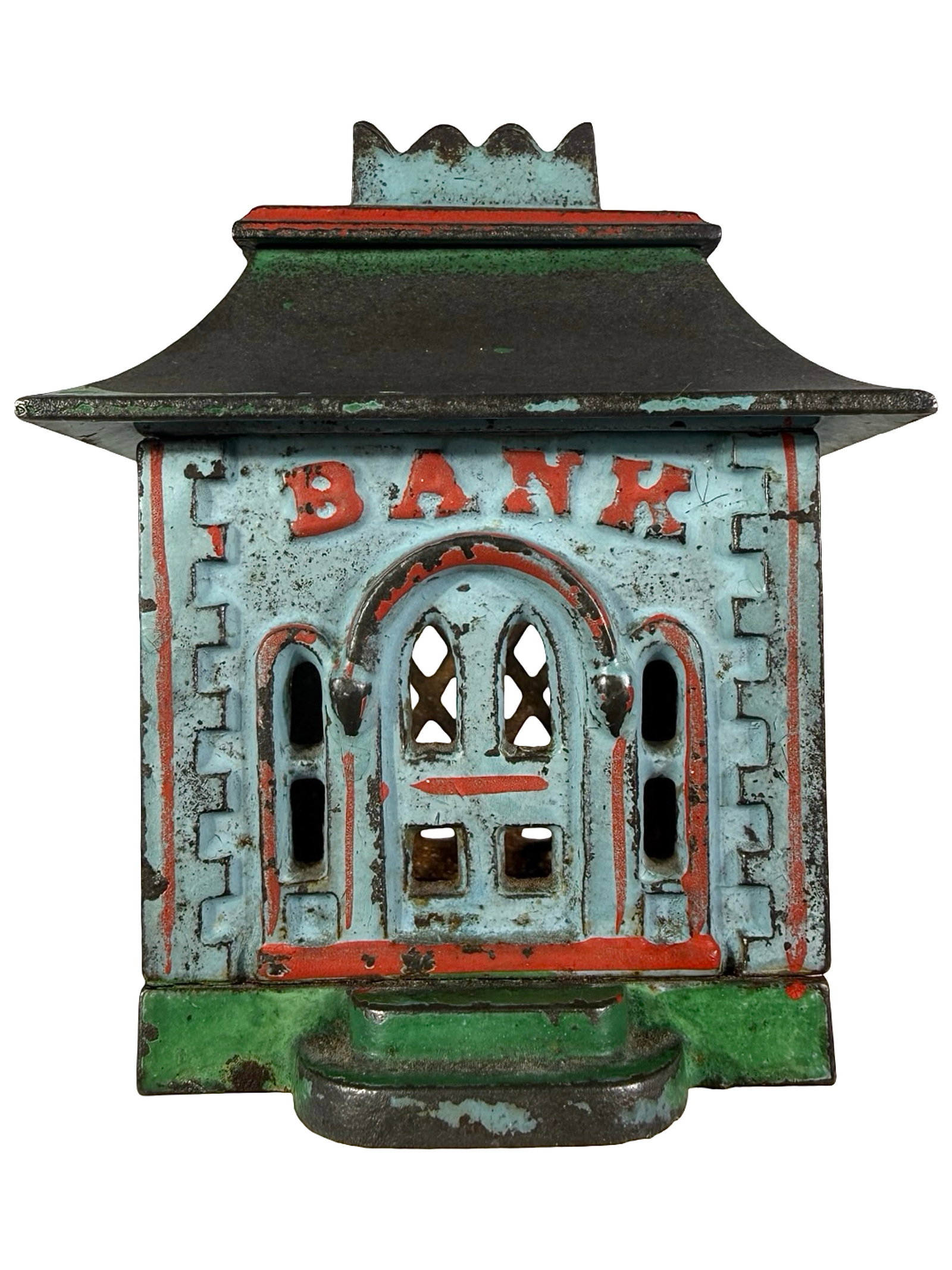 Small Powder Blue Home Bank: Unknown American Maker. Circa Early 1890's - 3" Tall. The Tom Kellogg Collection.