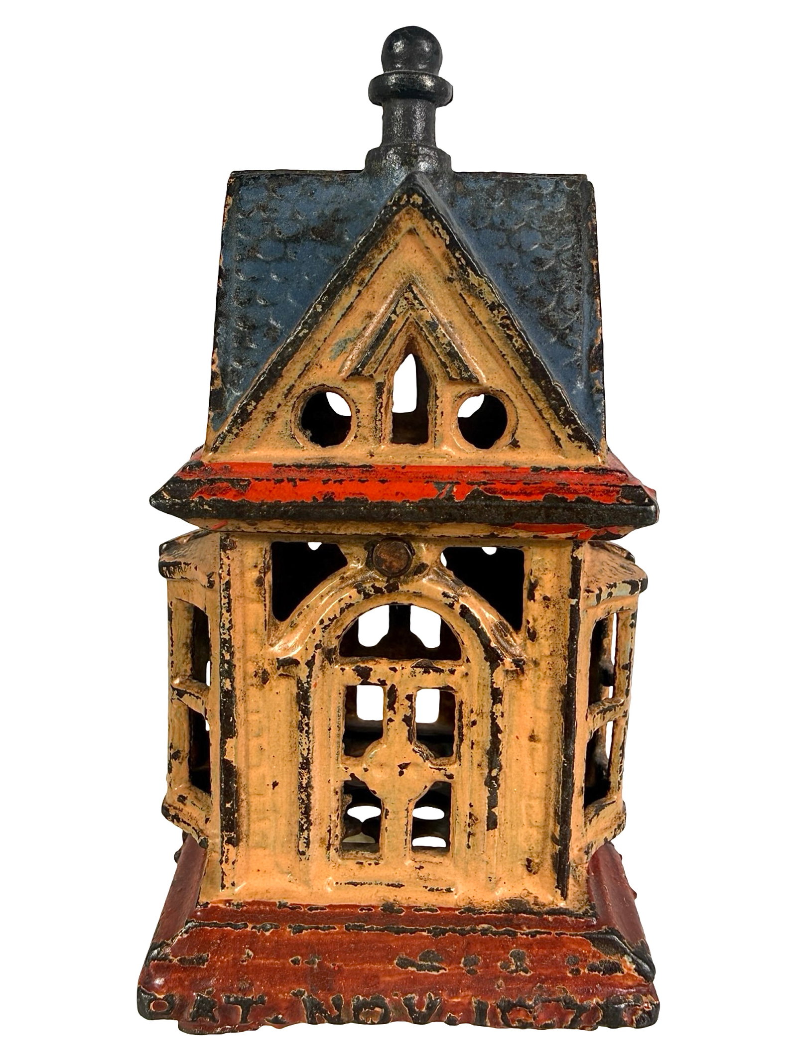 Small House with Bay Windows - Still Bank: Unknown American Manufacturer. Circa Mid 1870's - 4" Tall. On P. 59 of the Peirce Book. The Tom Kellogg Collection.