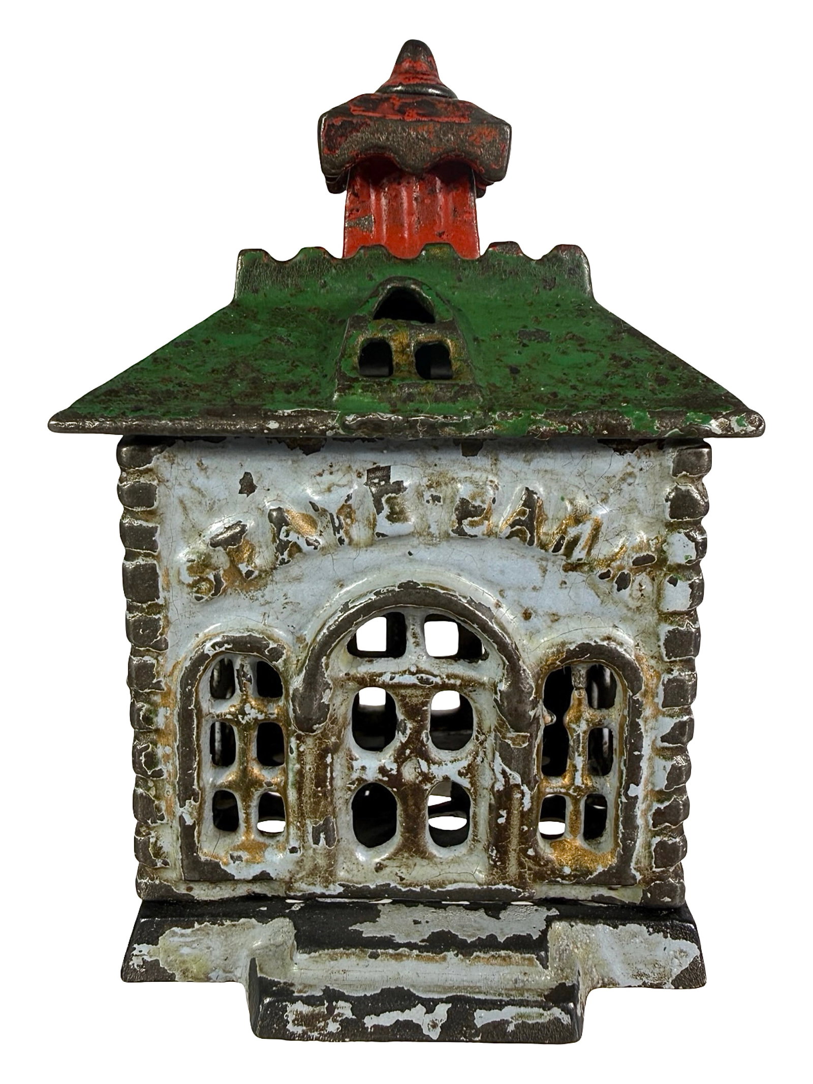 Small Painted State Bank: Light Blue, Green & Red. By the Kyser and Rex Company. Frankford, Pa. - 1890's - 3 1/2" T. Shown on P. 217 of Peirce Book. The Tom Kellogg Collection.