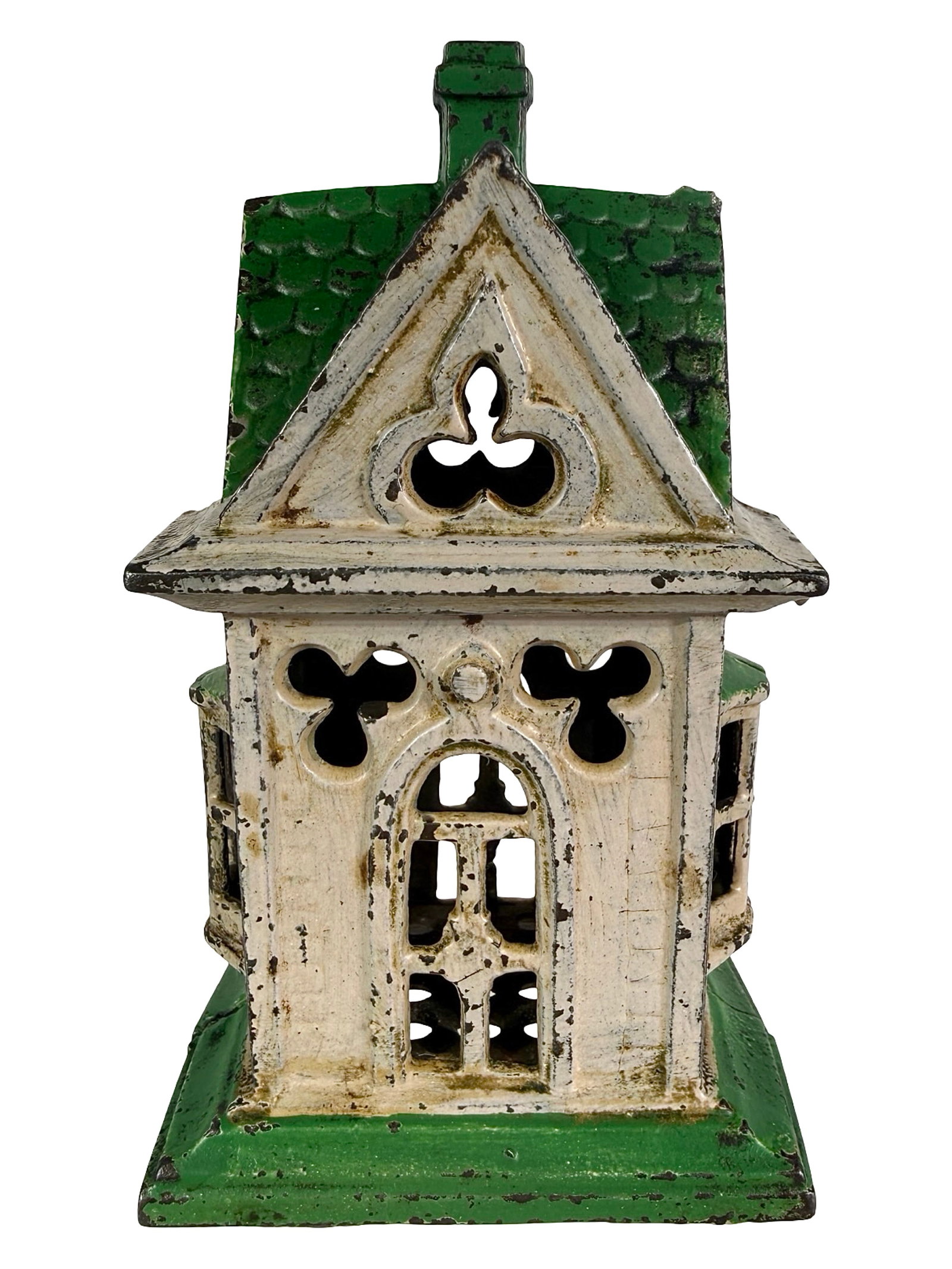 Medium House with Bay Windows - Still Bank: Unknown American Manufacturer. Circa Mid 1870's - 4 7/8" Tall. On P. 61 of the Peirce Book. The Tom Kellogg Collection.