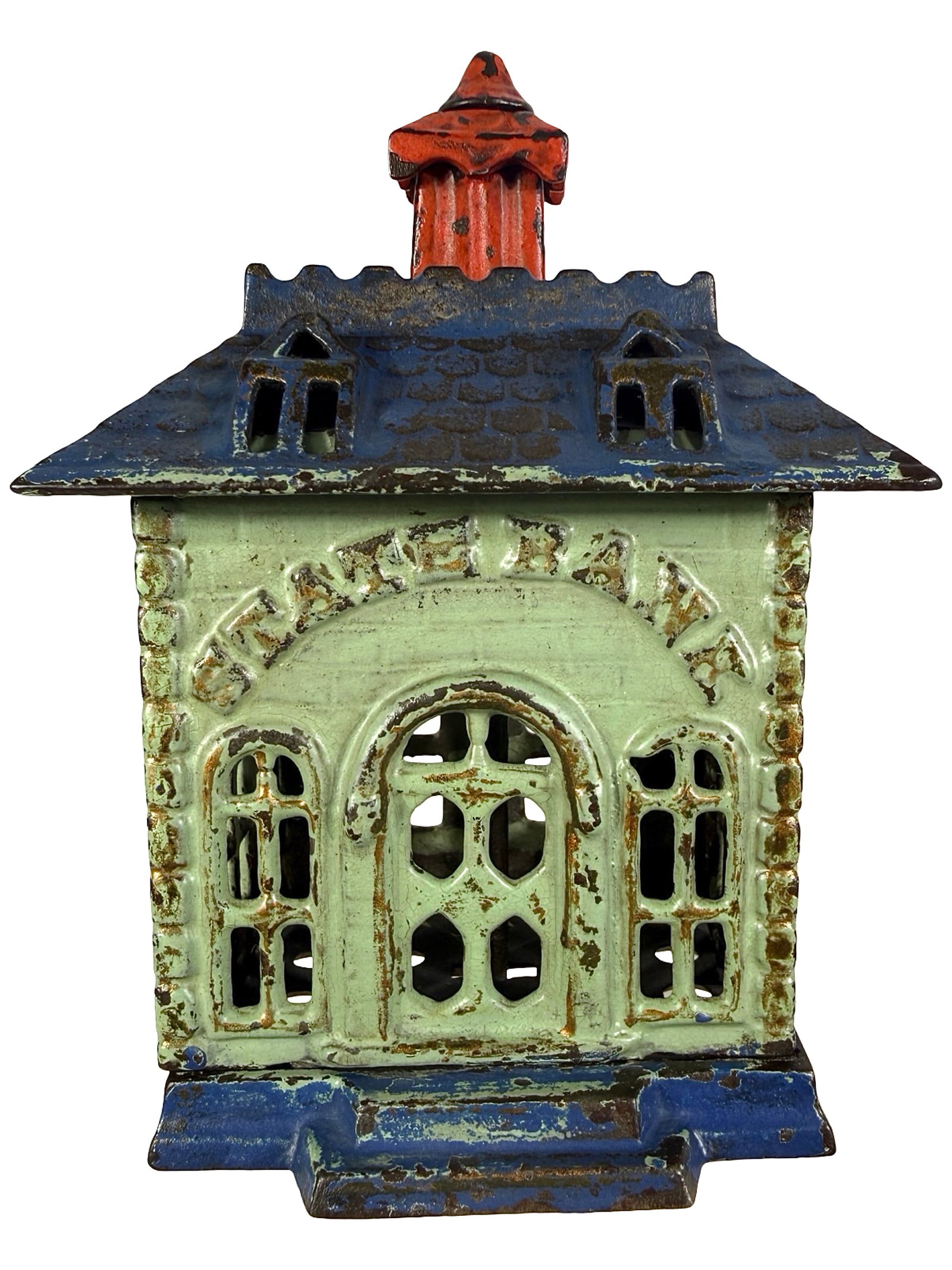 Smallish Painted State Bank: Attributed to Kyser and Rex Co. Frankford, Pa. - 1890 - 4 1/2" T. On P. 212 of the Peirce Book. The Tom Kellogg Collection.