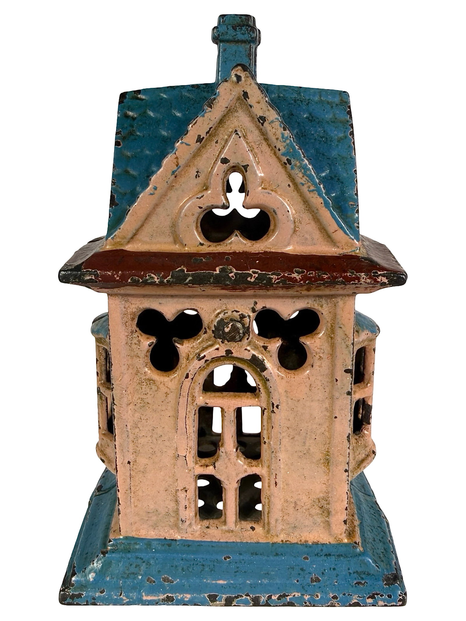 Medium House with Bay Windows - Still Bank: Unknown American Manufacturer. Circa Mid 1870's - 4 7/8" Tall. On P. 61 of the Peirce Book. The Tom Kellogg Collection.