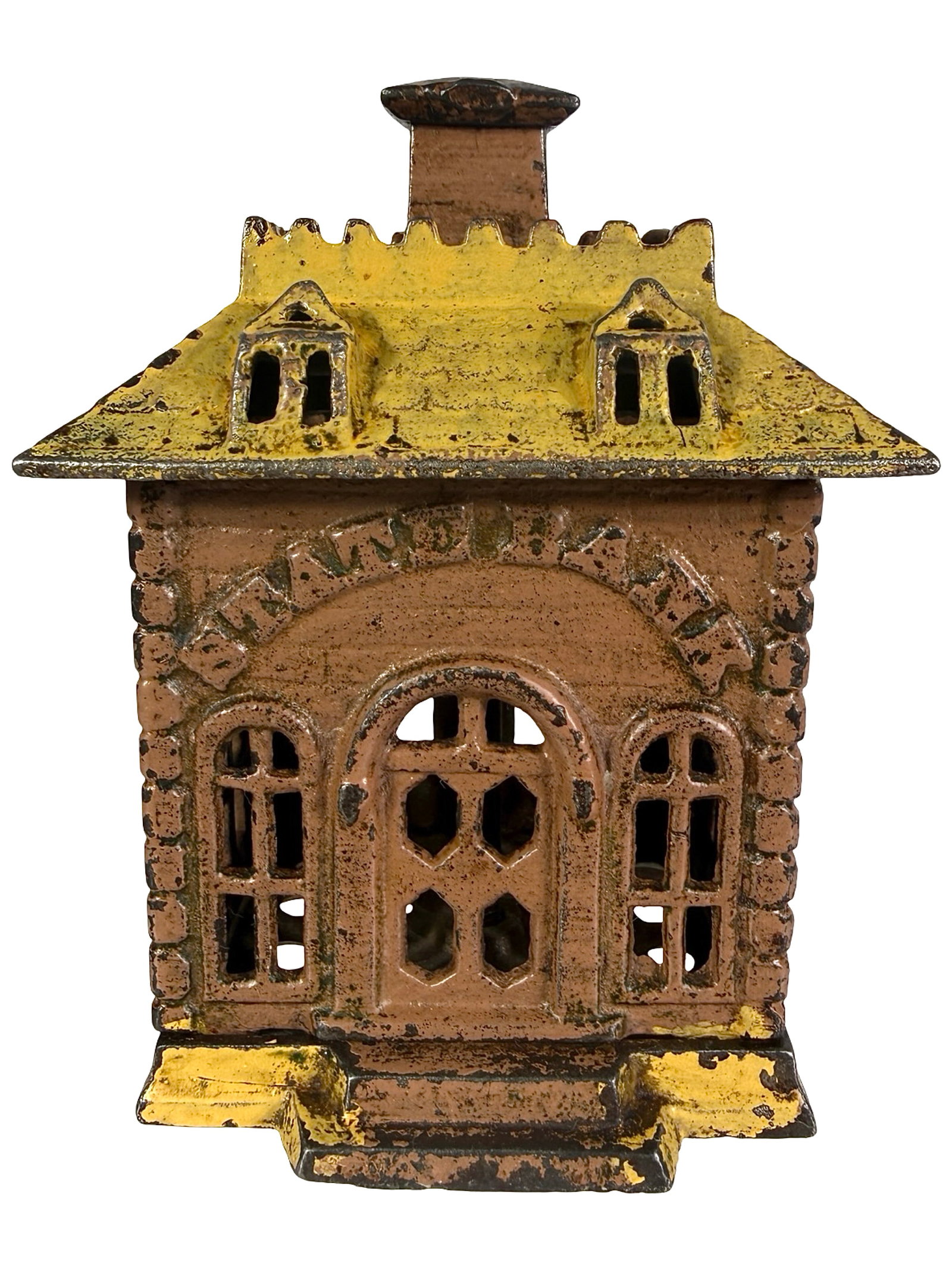 Medium Flat Top State Bank: Unusual Lavender and Yellow. Made by Kyser & Rex Company. Frankford, Pa. - 1890 - 4 1/4" T. Shown on P. 214 of Peirce Book. The Tom Kellogg Collection.