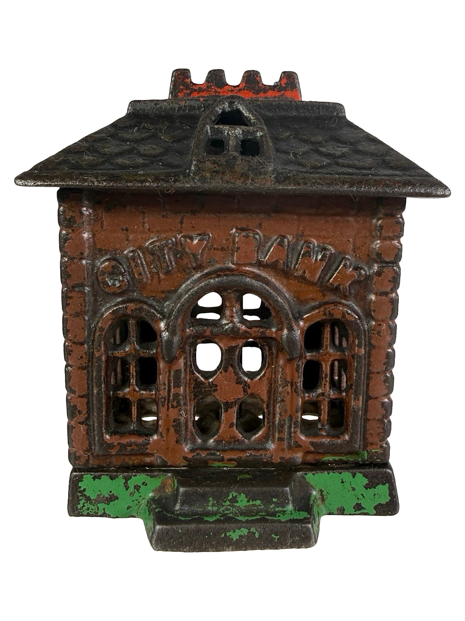 Scarce Small City Bank: Mauve, Black, Green & Red. Unknown American Maker. Circa Early 1890's - 3" Tall. The Tom Kellogg Collection.