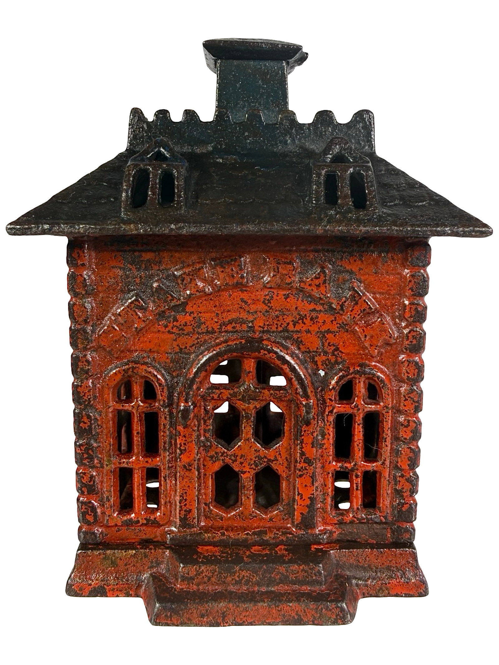 Medium Flat Top State Bank: Finished Red and Black. Made by Kyser & Rex Company. Frankford, Pa. - 1890 - 4 1/4" T. Shown on P. 214 of Peirce Book. The Tom Kellogg Collection.