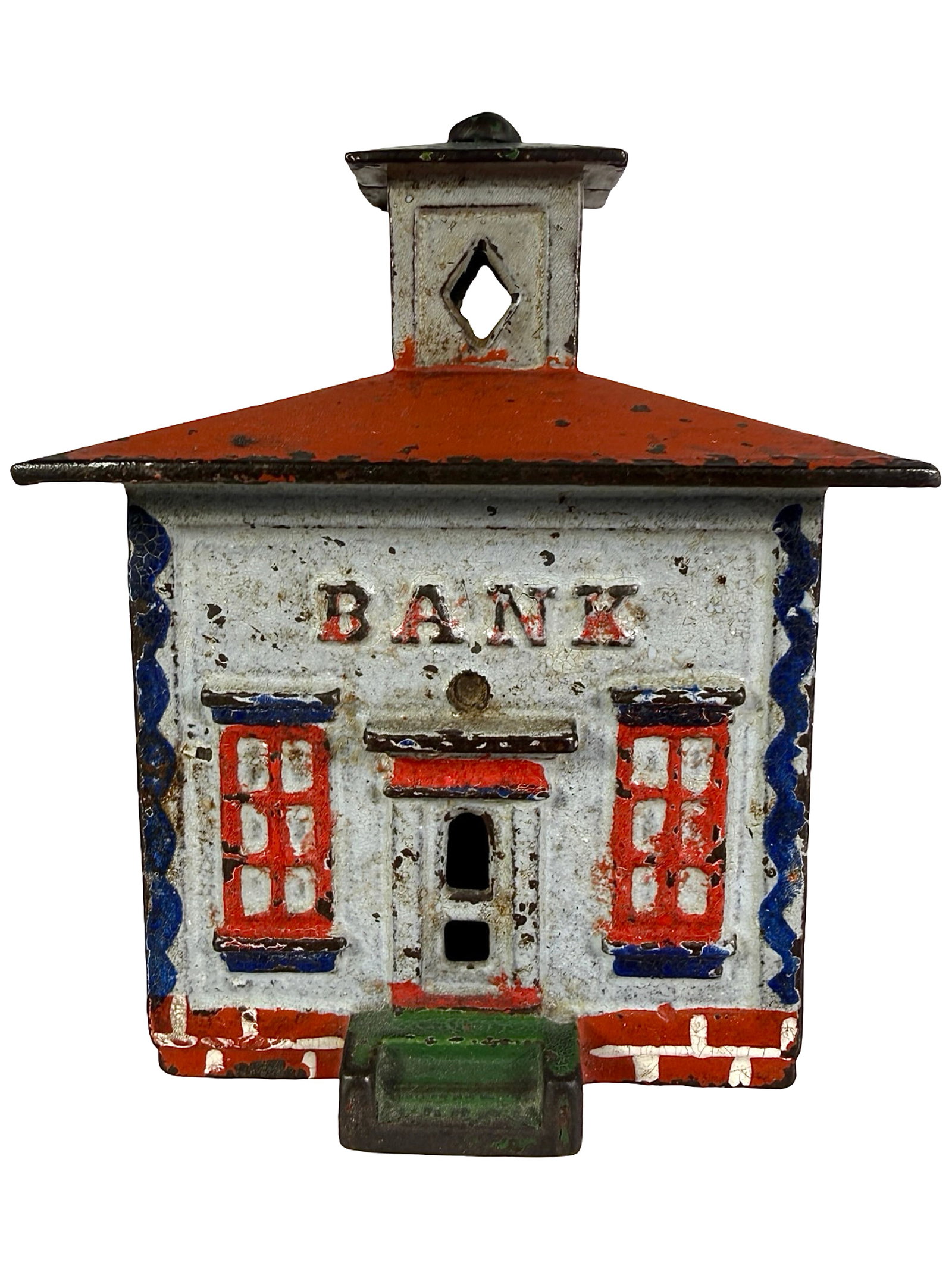 Medium Cupola Bank with Patriotic Color & Mica: The J. & E. Stevens Company. Cromwell, Ct. - Late 1870's. The Tom Kellogg Collection.