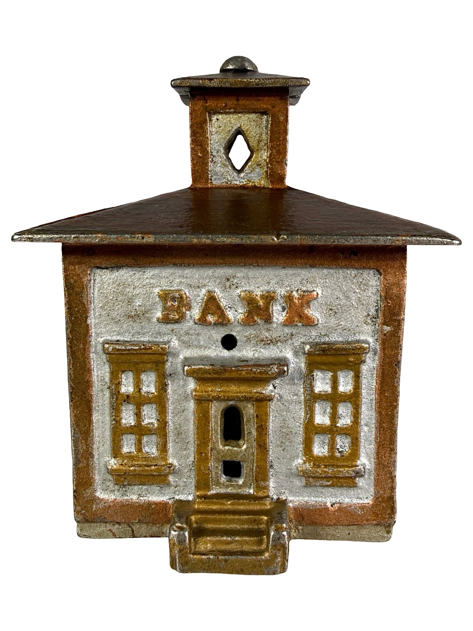 Medium Cupola Bank: Finished Silver & Copper. The J. & E. Stevens Company. Cromwell, Ct. - Early 1890's. The Tom Kellogg Collection.