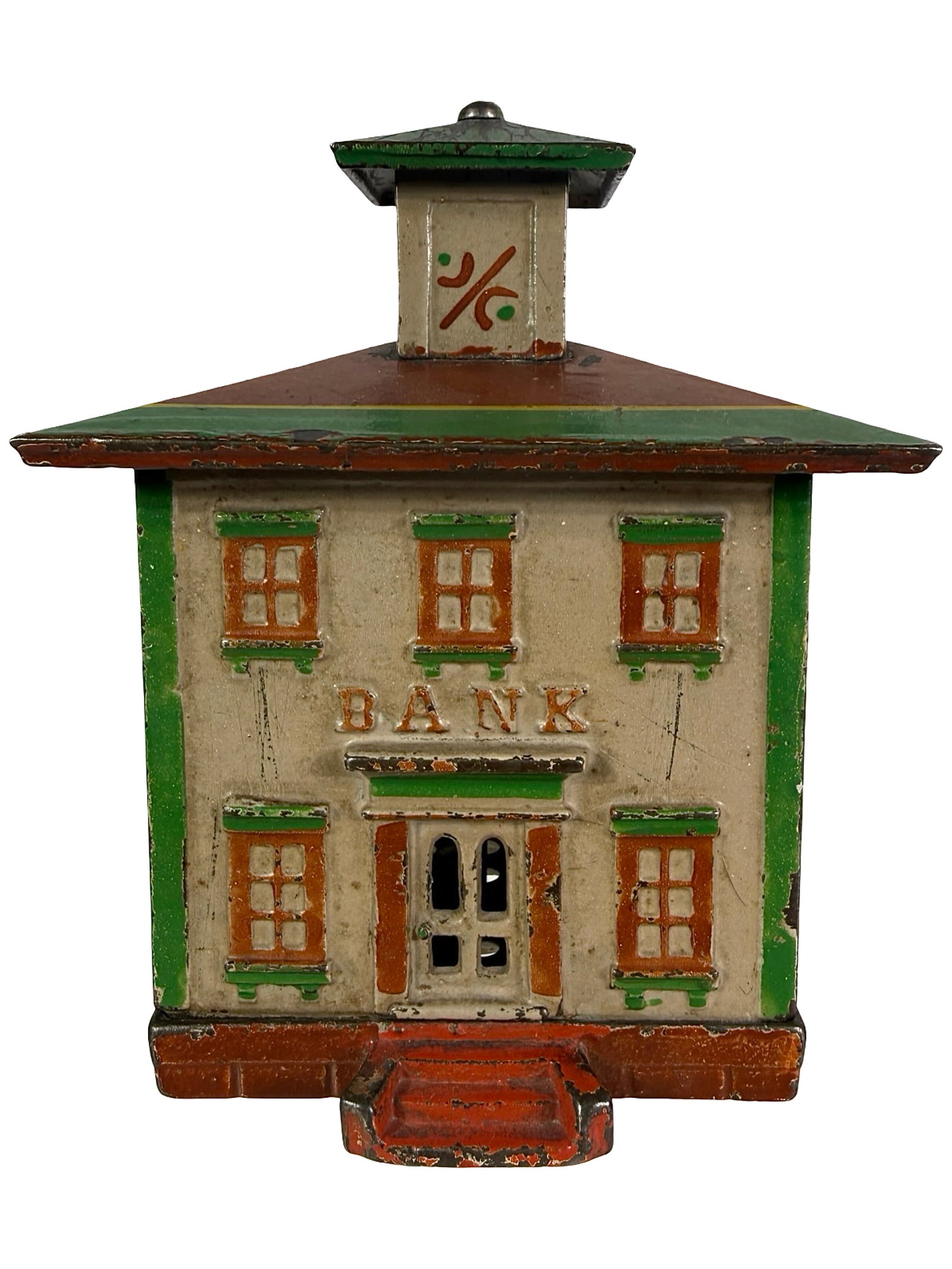 Large Cupola Bank: Tan, Brown, Green & Red. The J. & E. Stevens Company. Cromwell, Ct. - Circa 1880's. The Tom Kellogg Collection.