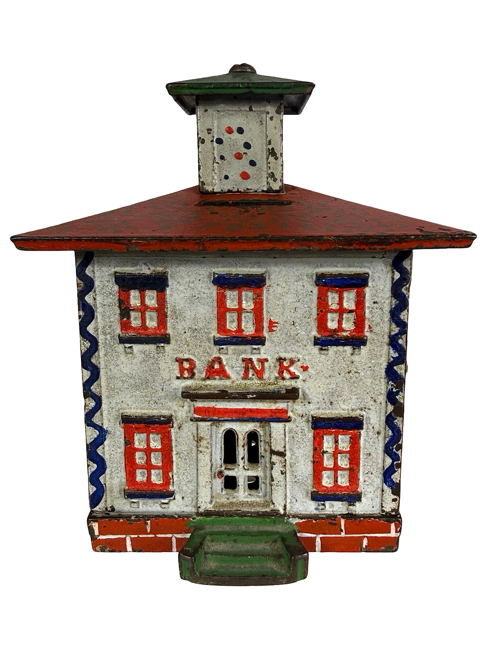 Large Cupola Bank: Finished in Patriotic Color. Outstanding Stenciled Roof. The J. & E. Stevens Company. Cromwell, Ct. - Late 1870's. The Tom Kellogg Collection.
