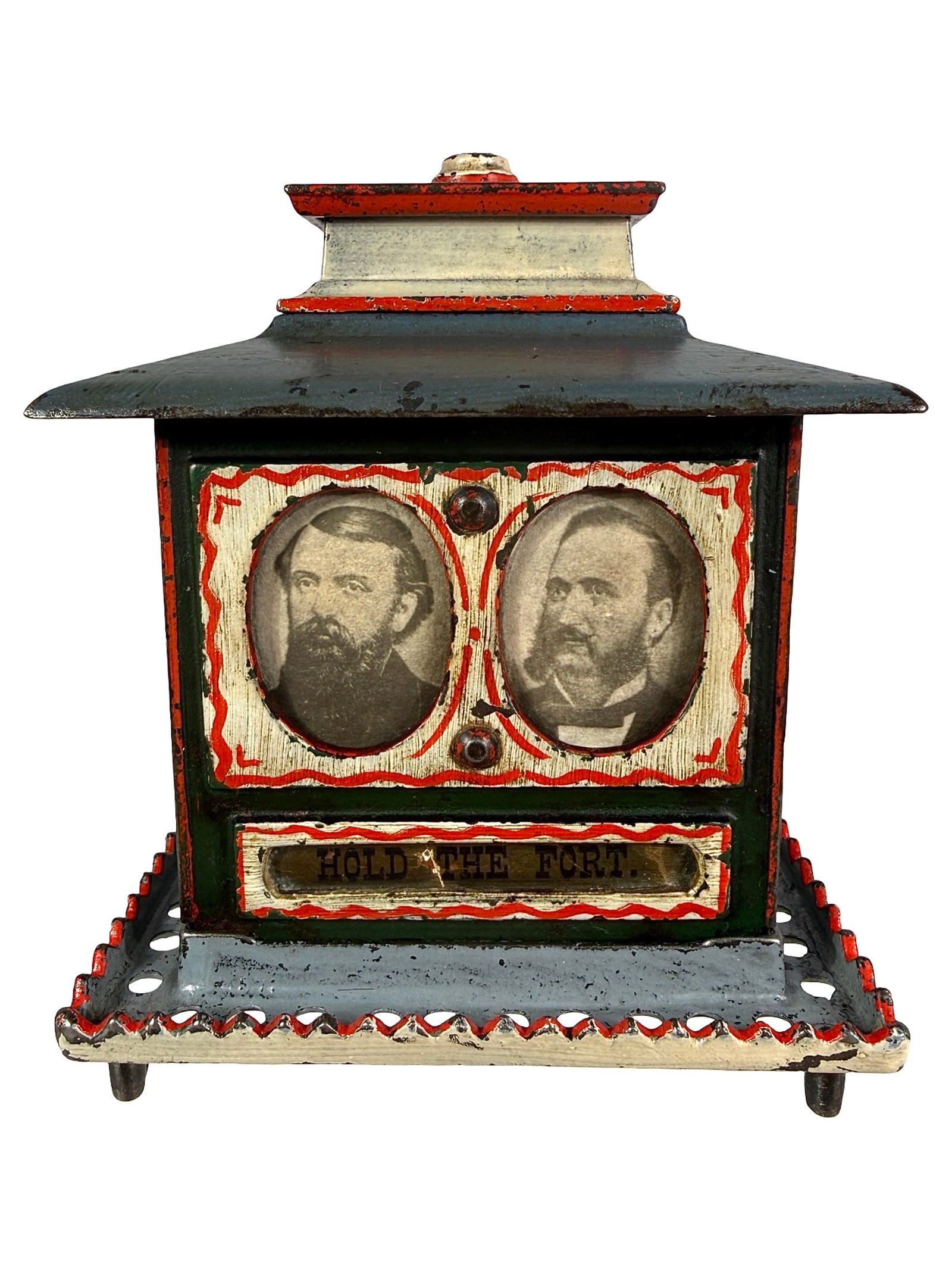 Rare Moody & Sankey Still Bank: Aphorism Banner reads "Hold the Fort". Made by the Smith & Egge Company. Boston, Ma. - Mid 1870's - 5" Tall. Shown on P. 37 in the Peirce Book. The Tom Kellogg Collection.
