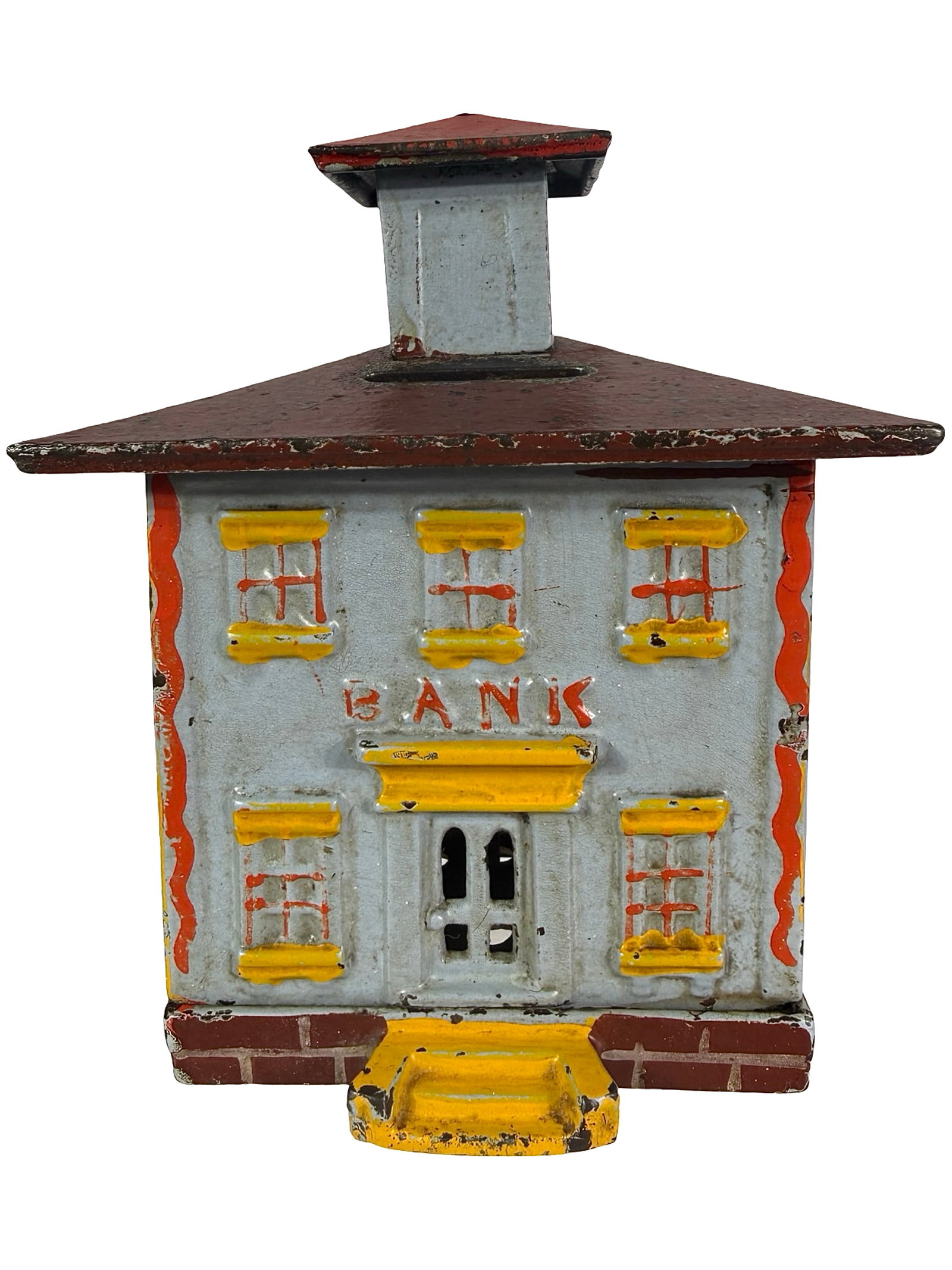 Large Cupola Bank: Light Blue, Brown, Yellow & Red. The J. & E. Stevens Company. Cromwell, Ct. - Circa 1880's. The Tom Kellogg Collection.