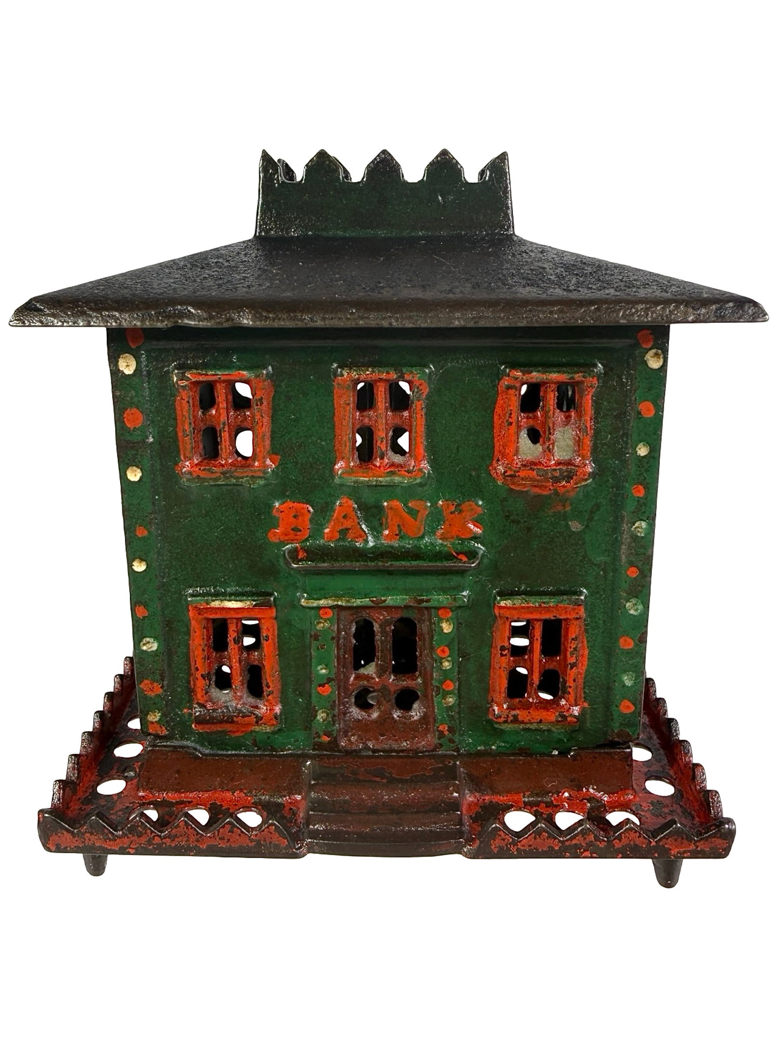 Large Crown Bank on Legs Version with Normal Crown: The J. & E. Stevens Company. Cromwell, Ct. - 1870's - 4 5/8" T. The Tom Kellogg Collection.