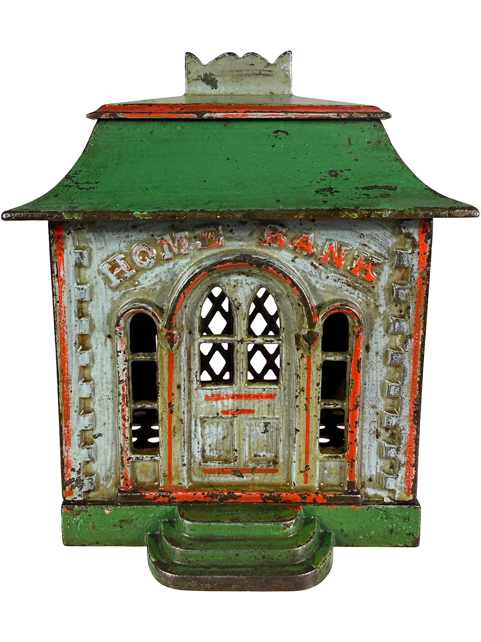Home Bank - Shallow Building: Powder Blue, Green & Red. The J. & E. Stevens Company. Cromwell, Ct. - Mid 1870's - 5 1/4" T. Shown on P. 168 in the Peirce Book. The Tom Kellogg Collection.