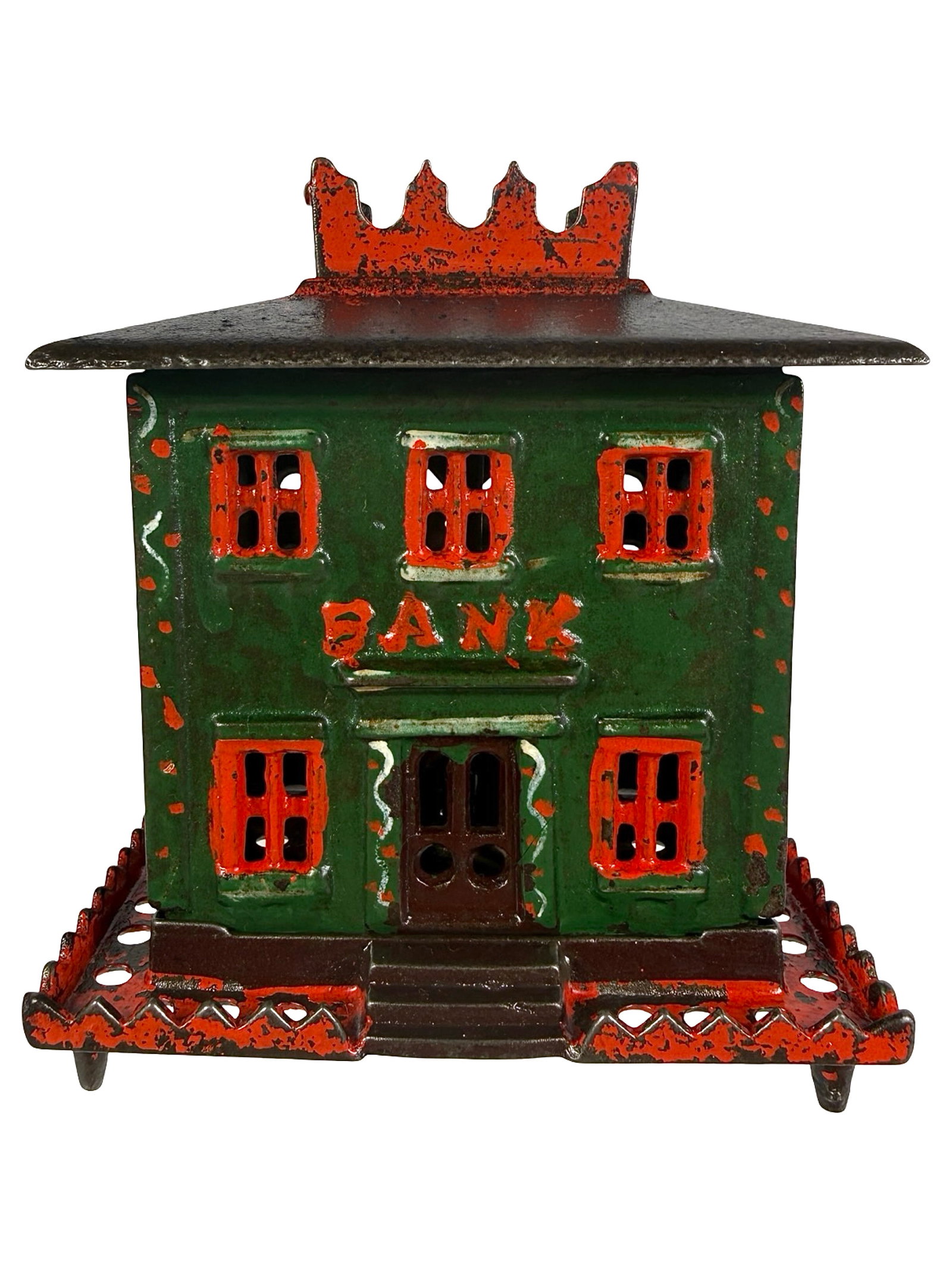Large Crown Bank on Legs Version with Flaring Crown: The J. & E. Stevens Company. Cromwell, Ct. - 1870's - 4 7/8" T. The Andy Moore Collection. The Tom Kellogg Collection.