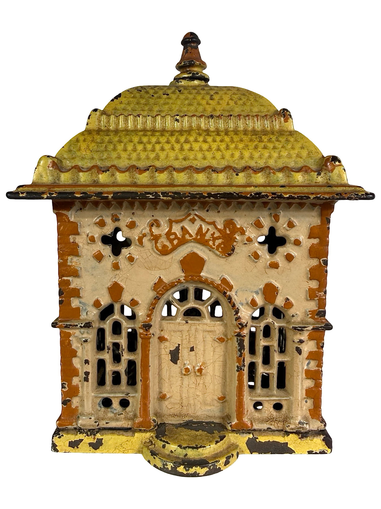 Home Savings Bank: Tan, Yellow & Light Brown. The J. & E. Stevens Company. Cromwell, Ct. - 1890's - 5 7/8" T. The Tom Kellogg Collection.