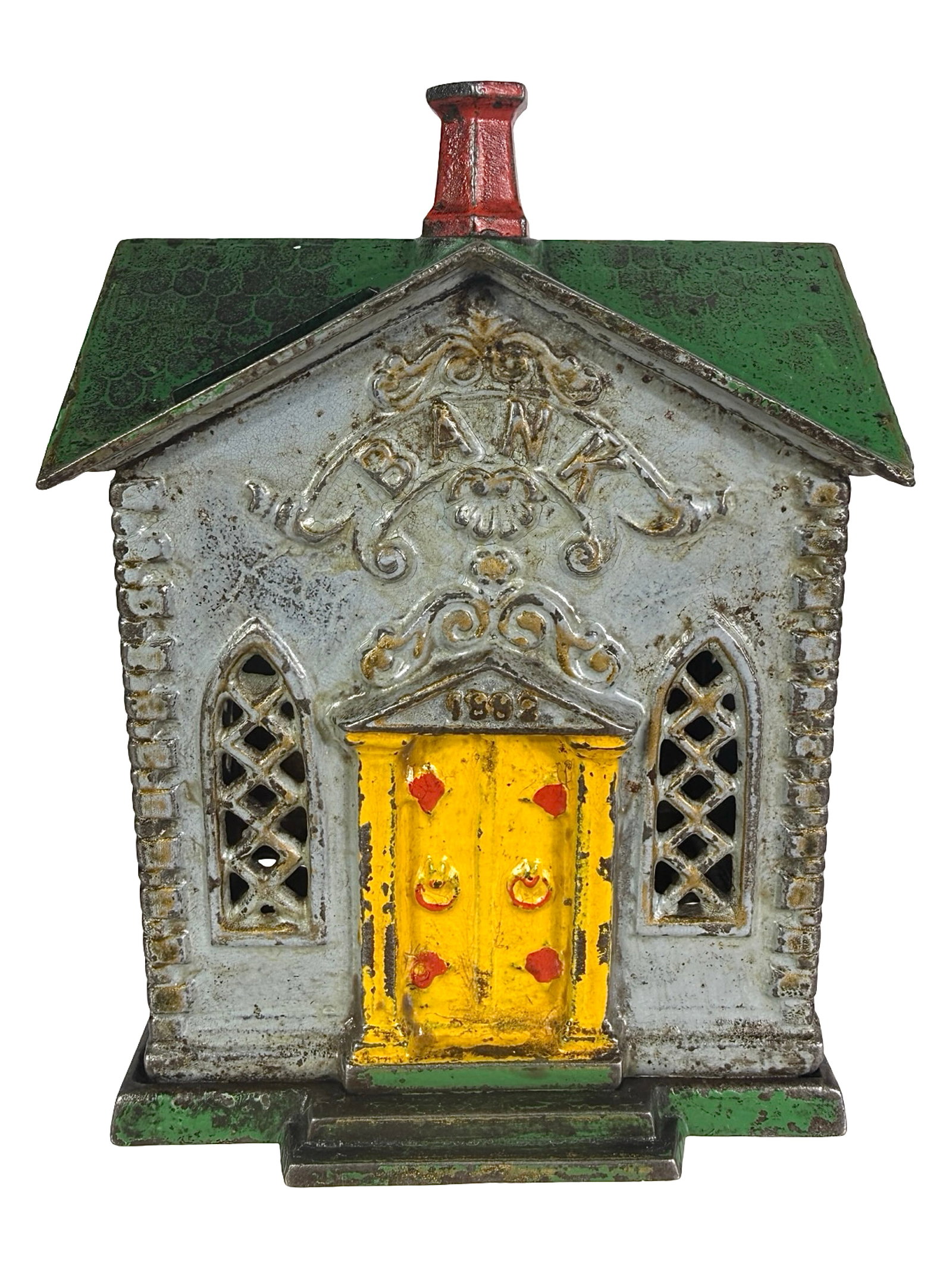 "1882" Church Bank: Light Blue, Green, Red & Yellow. By the Kyser and Rex Company. Frankford, Pa. - 1880's - 5 7/8" T. The Tom Kellogg Collection.