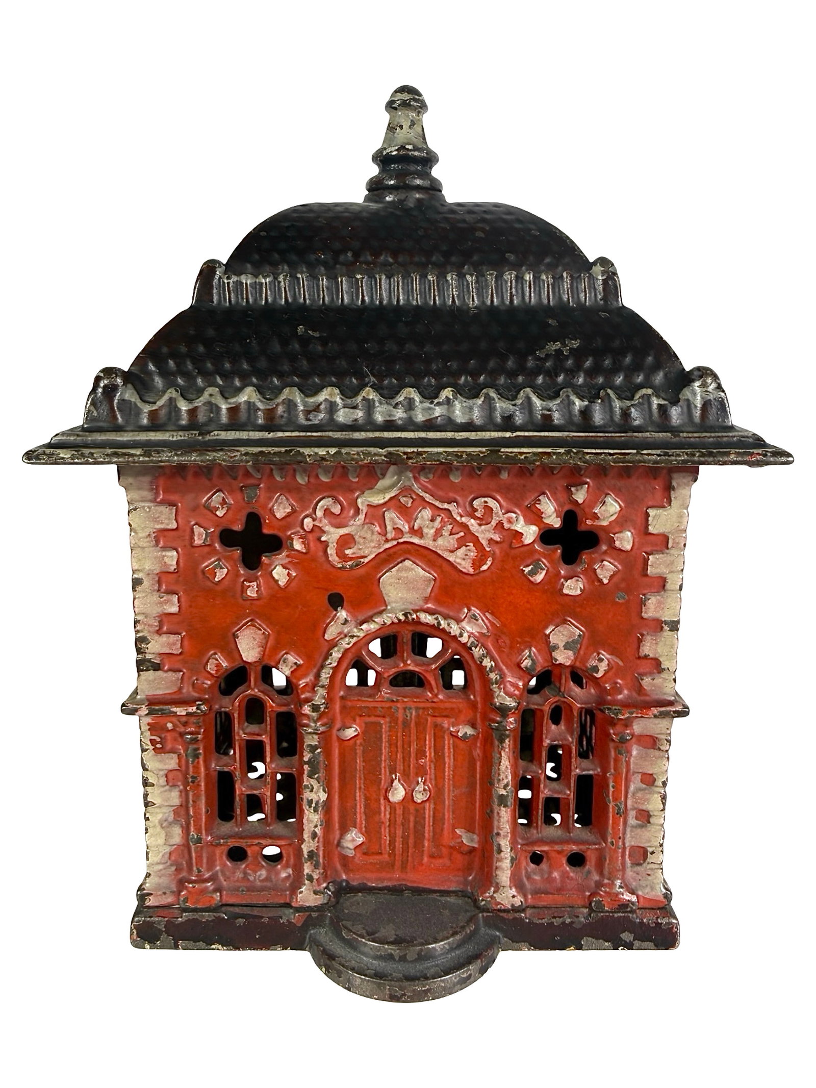 Home Savings Bank: Red, Dark Blue and White. The J. & E. Stevens Company. Cromwell, Ct. - 1890's - 5 7/8" T. The Tom Kellogg Collection.