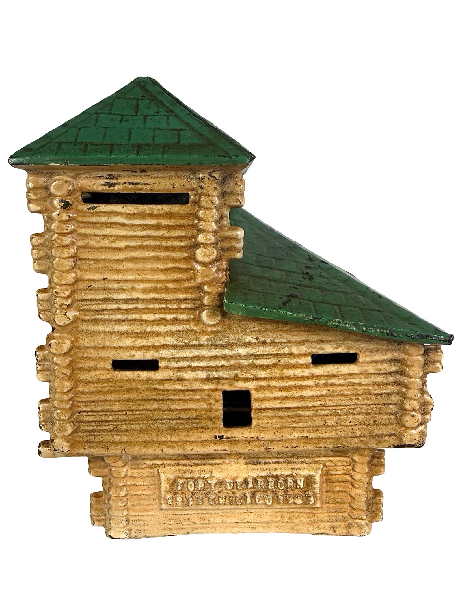 Rare Fort Dearborn Blockhouse - Still Bank: Unknown American Manufacturer. Circa 1930's - 5 3/4" T x 4 3/4" W. The Tom Kellogg Collection. Originally built in 1803 by the United States Army as a western outpost, the fort needed to be rebuilt se