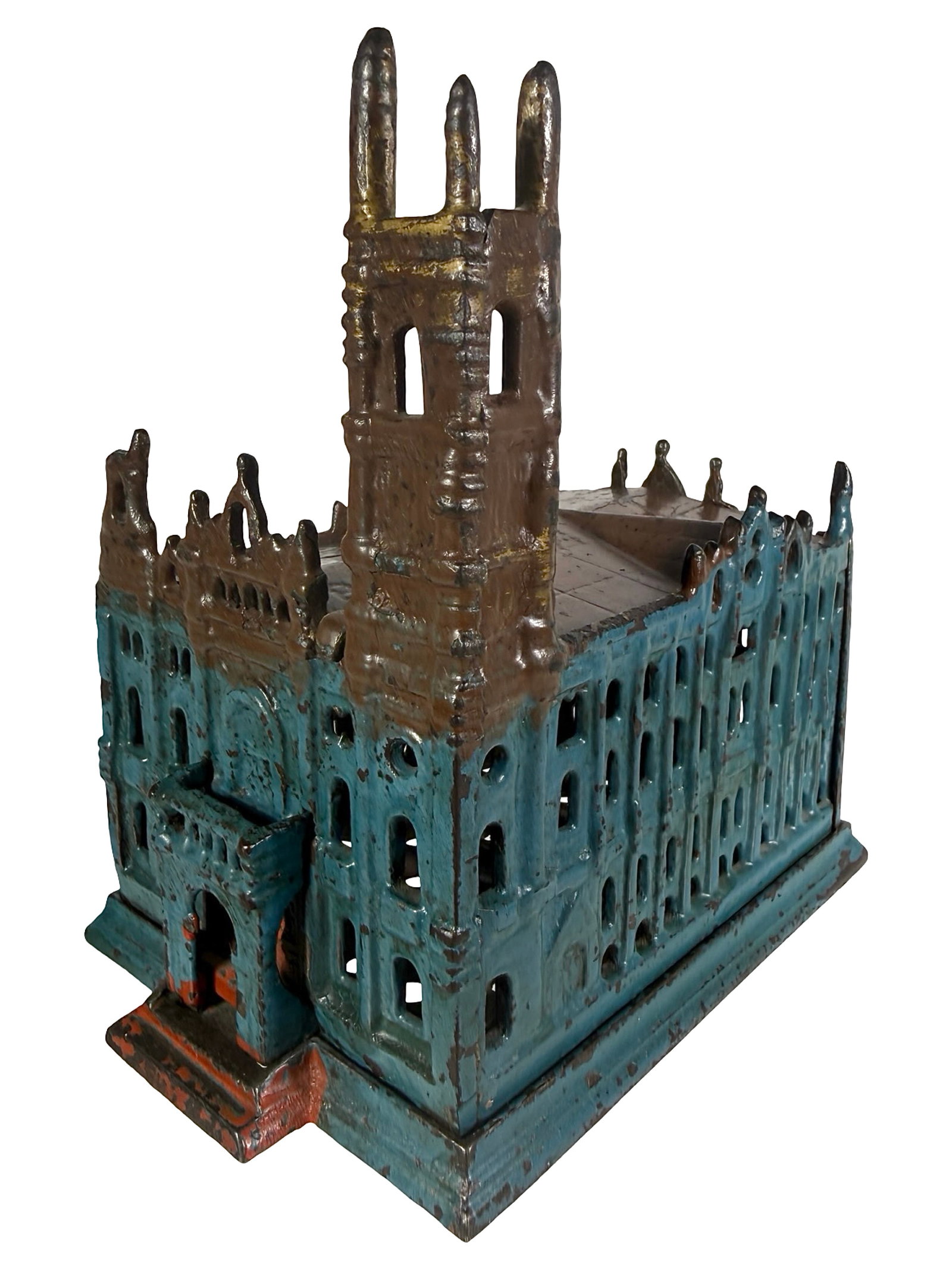 Large Masonic Temple Bank: Unknown American Manufacturer. Philadelphia - Circa 1875 - 6" Tall. Purchased from Donal P. Markey. Shown on P. 180 in the Pierce Book. The Tom Kellogg Collection. Philadelphia's cathedral-like Masoni