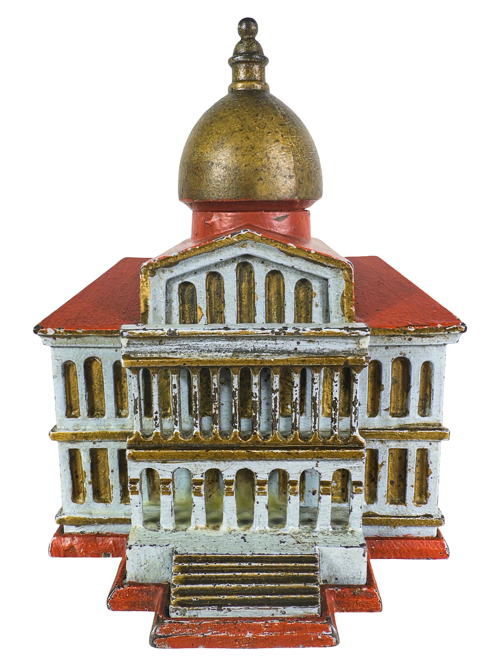 Large Boston State House Bank: Made by Smith & Egge Company. New England - 1870's - 6 3/4" Tall. Shown on P. 105 in the Peirce Book. The Tom Kellogg Collection. The Boston State House was built in the late 1790's. It stands on Beac