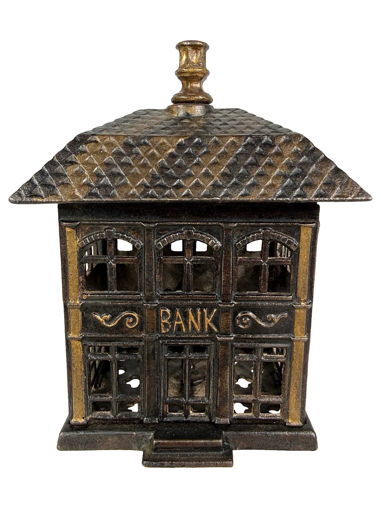 The Finial Bank: Brown and Gold Roof. By the Kyser and Rex Company. Frankford, Pa. - 1890 - 5 3/4" T.