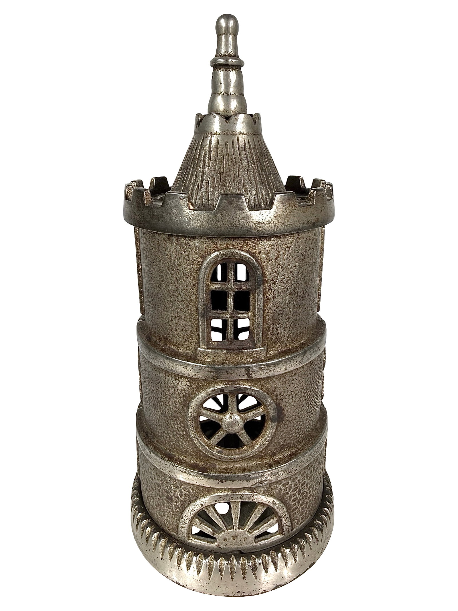 Nickel Plated Columbia Tower - Still Bank: By the Grey Iron Casting Company. Mount Joy, Pa. - 1890's - 6 7/8" T. Shown on P. 85 in the Peirce Book. The Tom Kellogg Collection.