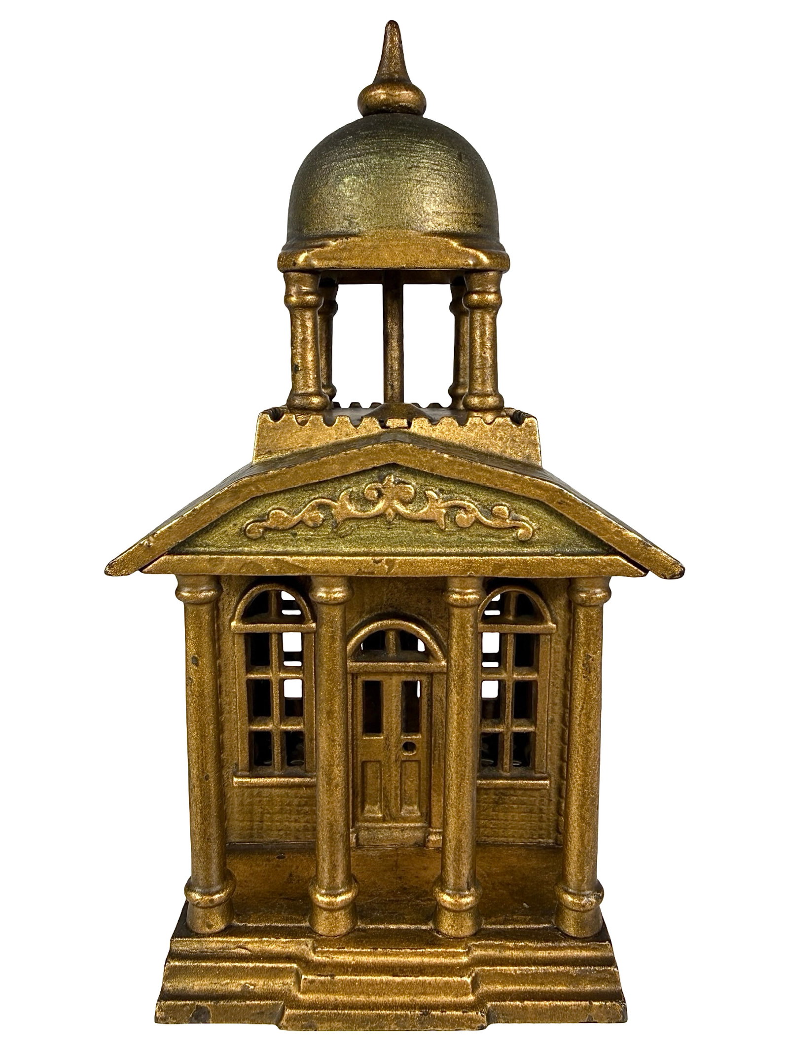 Building with Belfry Bank: Made by Kenton Hardware Company. Kenton, Ohio - Circa 1890's - 8" Tall. Bob and Shirley Peirce Collection. This is one of the most fascinating examples of the "Belfry" bank to ever be discovered. The 