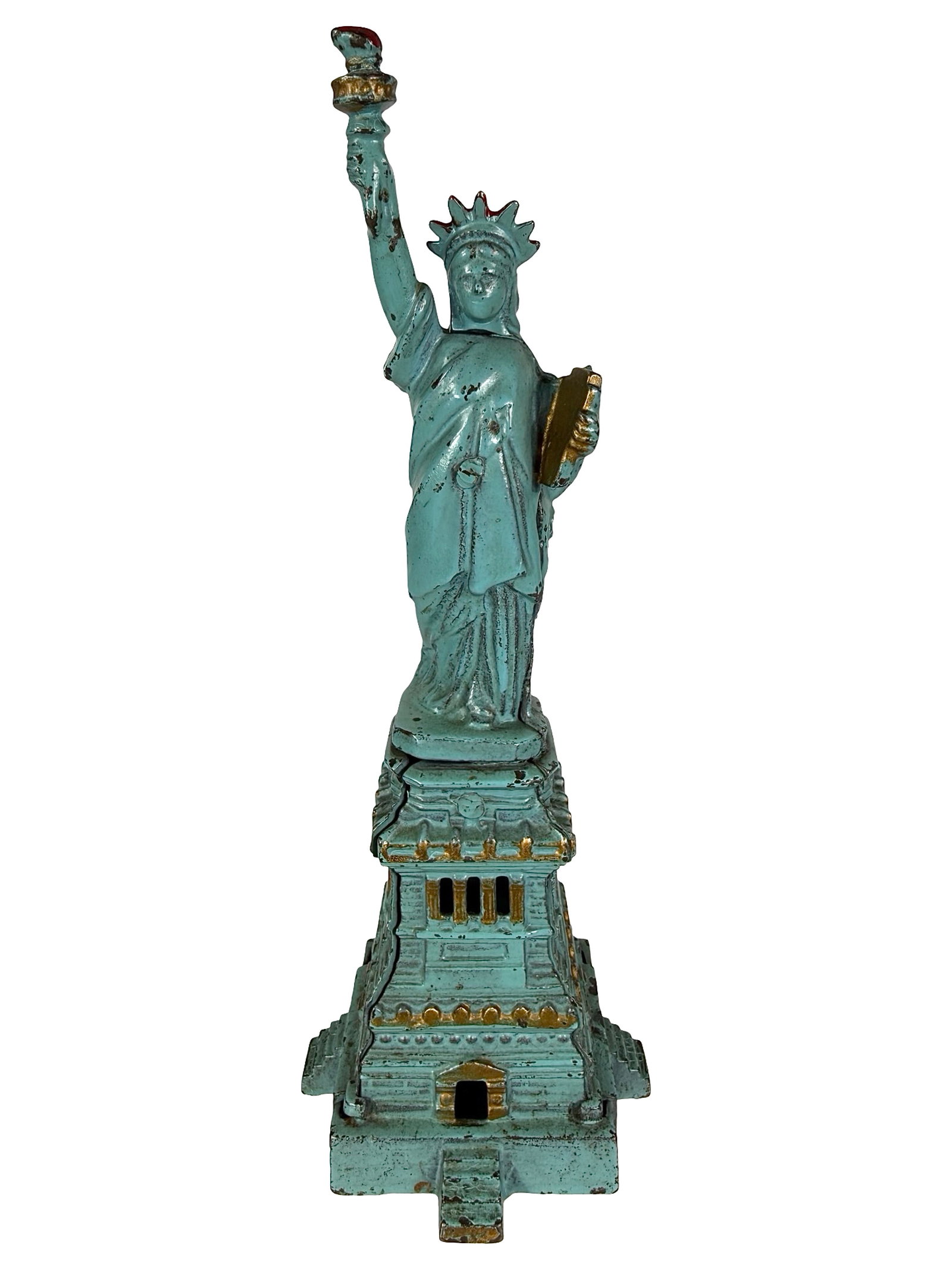 Large Aqua Blue Statue of Liberty - Still Bank: Made by Kenton Hardware Company. Kenton, Ohio - Ca. 1910's - 9 5/8" T. Shown on P. 90 of the Peirce Book. The Tom Kellogg Collection.
