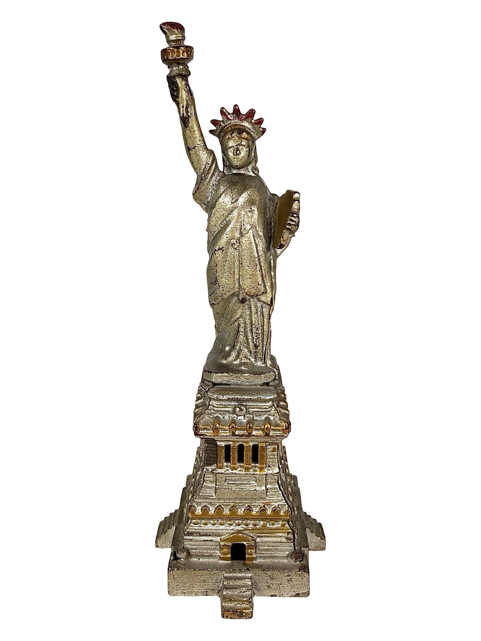 Large Silver Statue of Liberty Bank: Made by Kenton Hardware Company. Kenton, Ohio - Ca. 1910's - 9 5/8" T. Shown on P. 90 of the Peirce Book. The Tom Kellogg Collection.