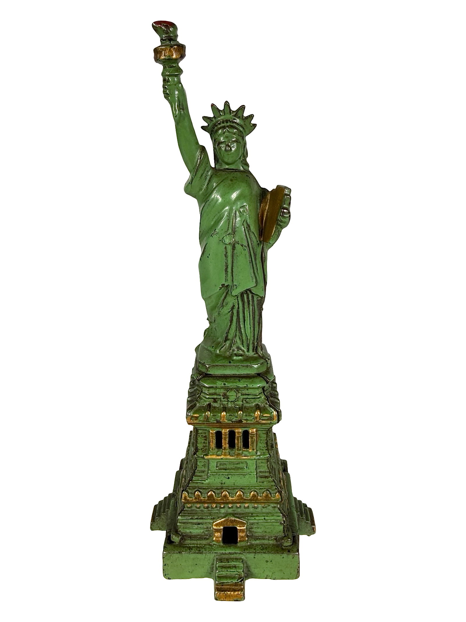 Large Green Statue of Liberty Bank: Made by Kenton Hardware Company. Kenton, Ohio - Ca. 1910's - 9 5/8" T. The Tom Kellogg Collection.