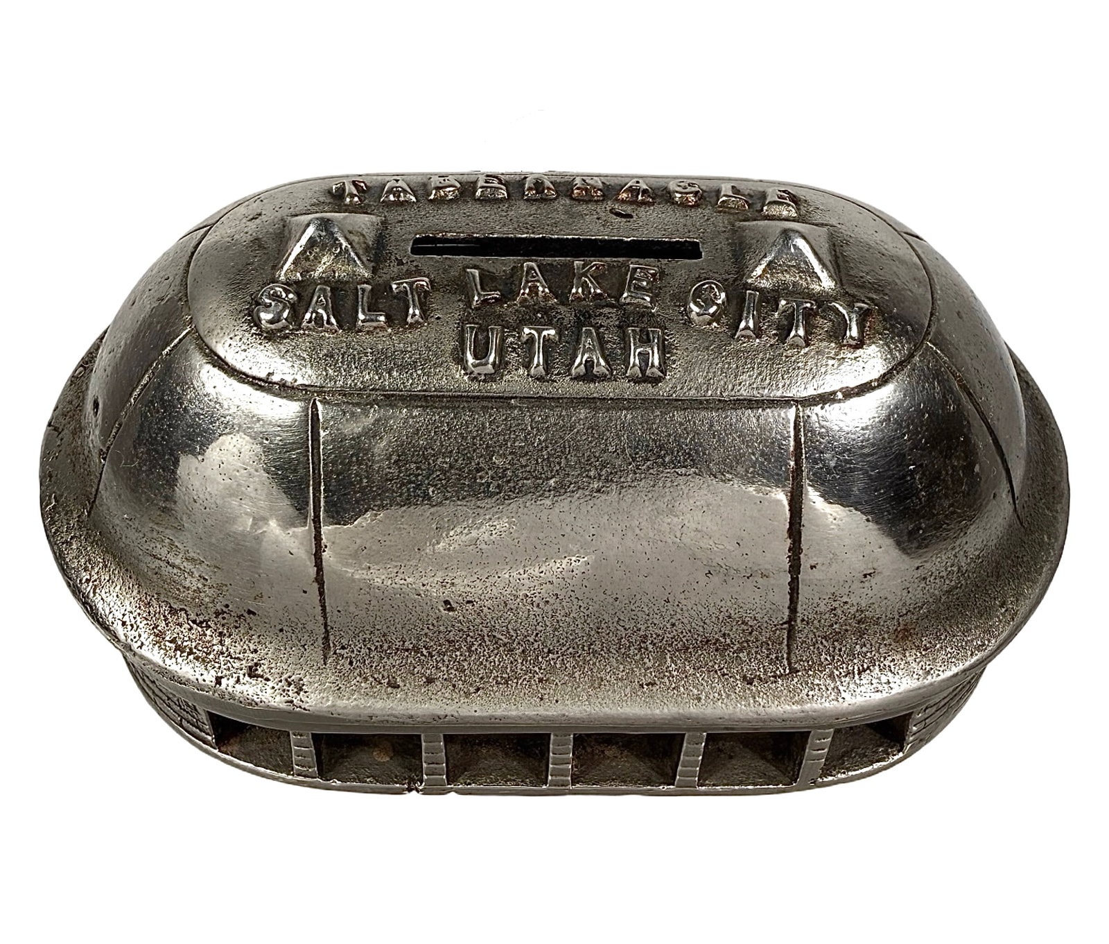 Nickel Plated Tabernacle Bank: By the Keyless Lock Company. Nebraska - Ca. 1895 - 2 1/4" T. Shown on P. 28 in Peirce Book. The Tom Kellogg Collection.
