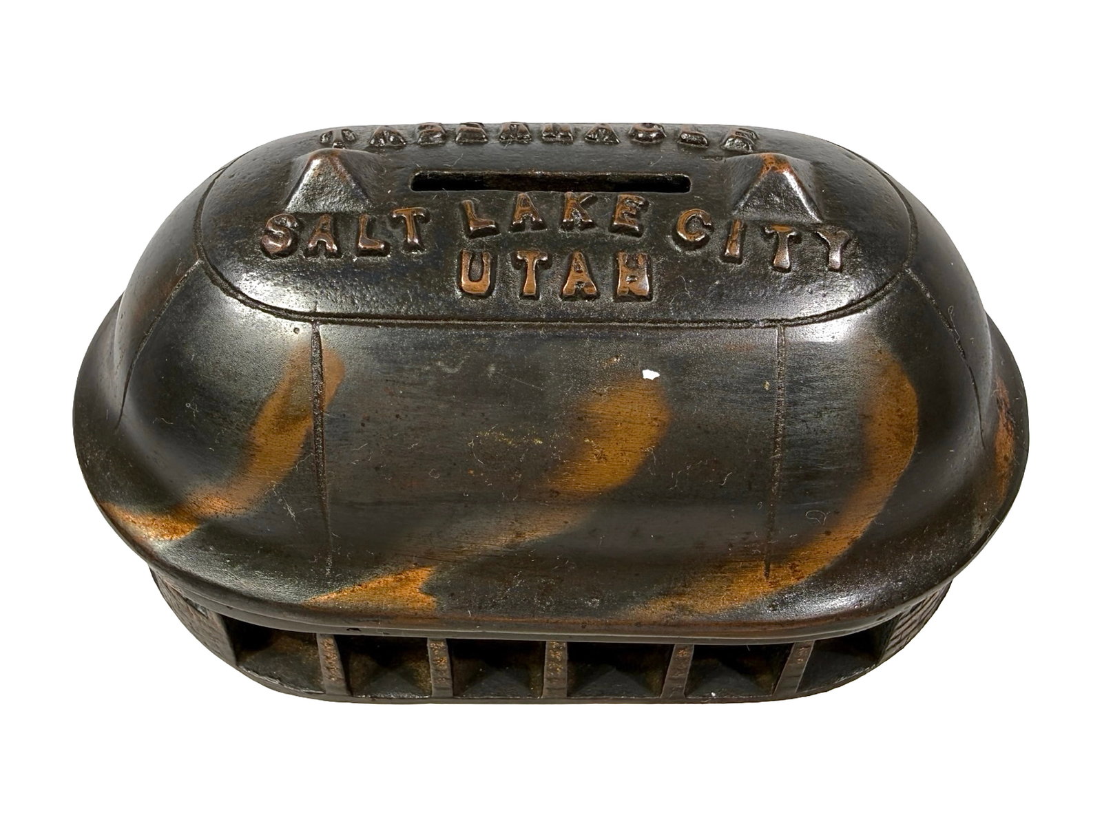 Electroplated Tabernacle Bank: By the Keyless Lock Company. Nebraska - Ca. 1895 - 2 1/4" T. Shown on P. 28 in Peirce Book. The Tom Kellogg Collection.