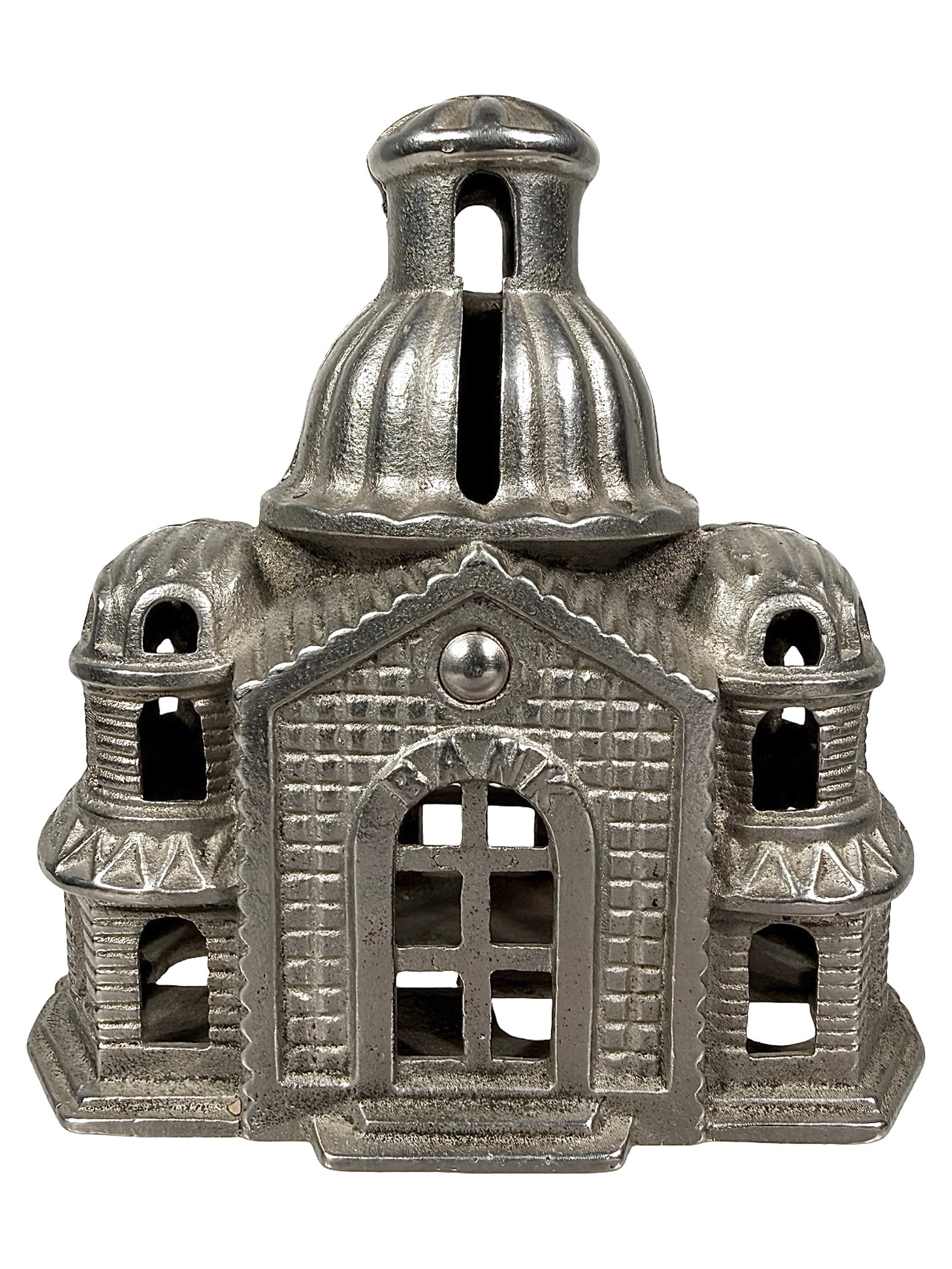 Medium Size Domed Mosque - Still Bank: Very Rare Nickel Plated Example. By the Grey Iron Casting Company. Mount Joy, Pa. - 1920's - 4 1/4" T. The Tom Kellogg Collection.