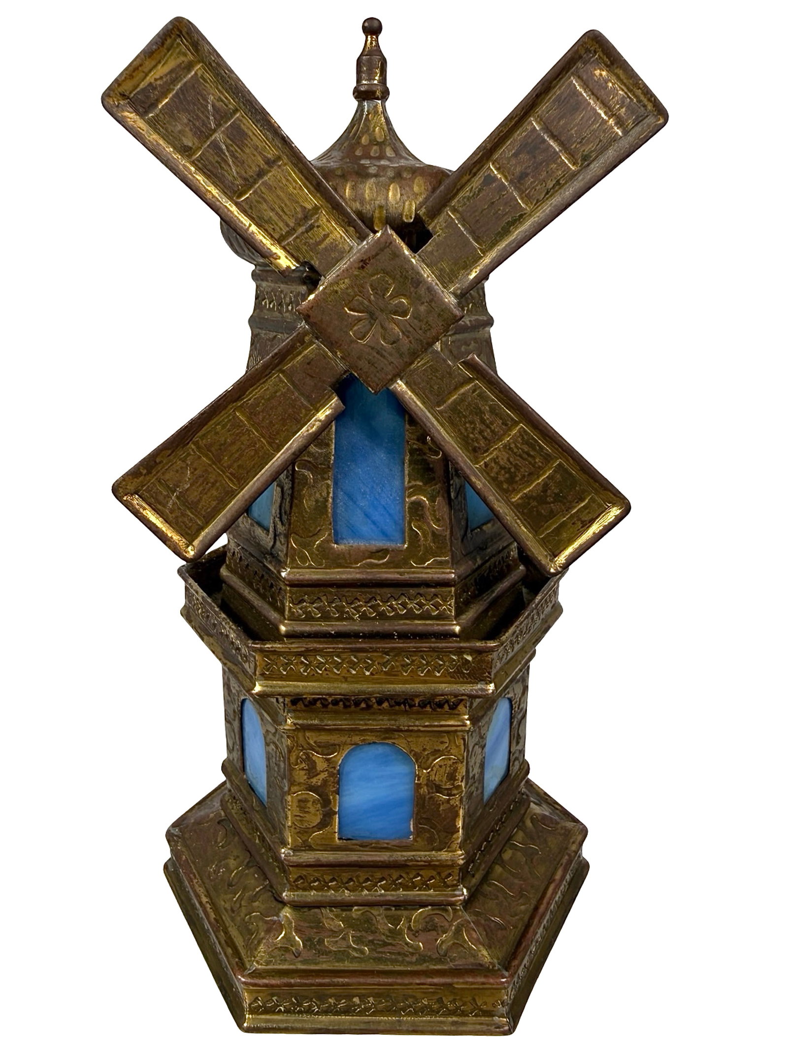 Impressive Windmill Bank - KLT: Brassed Tin - Slag Glass Windows. Most Probably of European Origin. Circa Early 1910's - 7 1/4" Tall. The Tom Kellogg Collection. This is definitely one of the most beautiful and fascinating pieces we