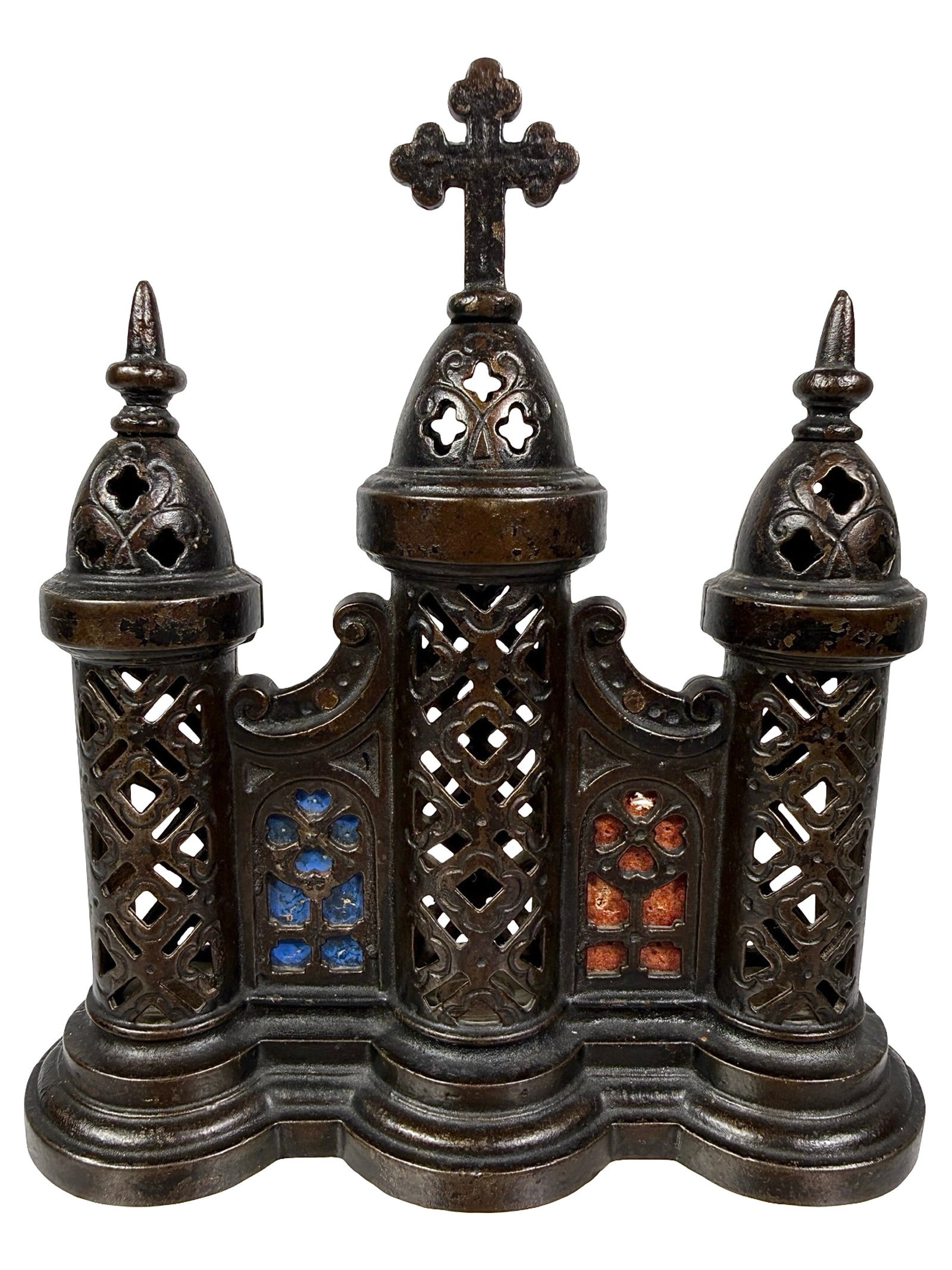 Ebony Church Towers Bank with: Simulated Stained Glass Windows. By the Eddy & Stephens Company. American - Mid 1890's - 6 3/4" Tall. The Tom Kellogg Collection. Certainly one of the most complete and perfect specimens of this bank 