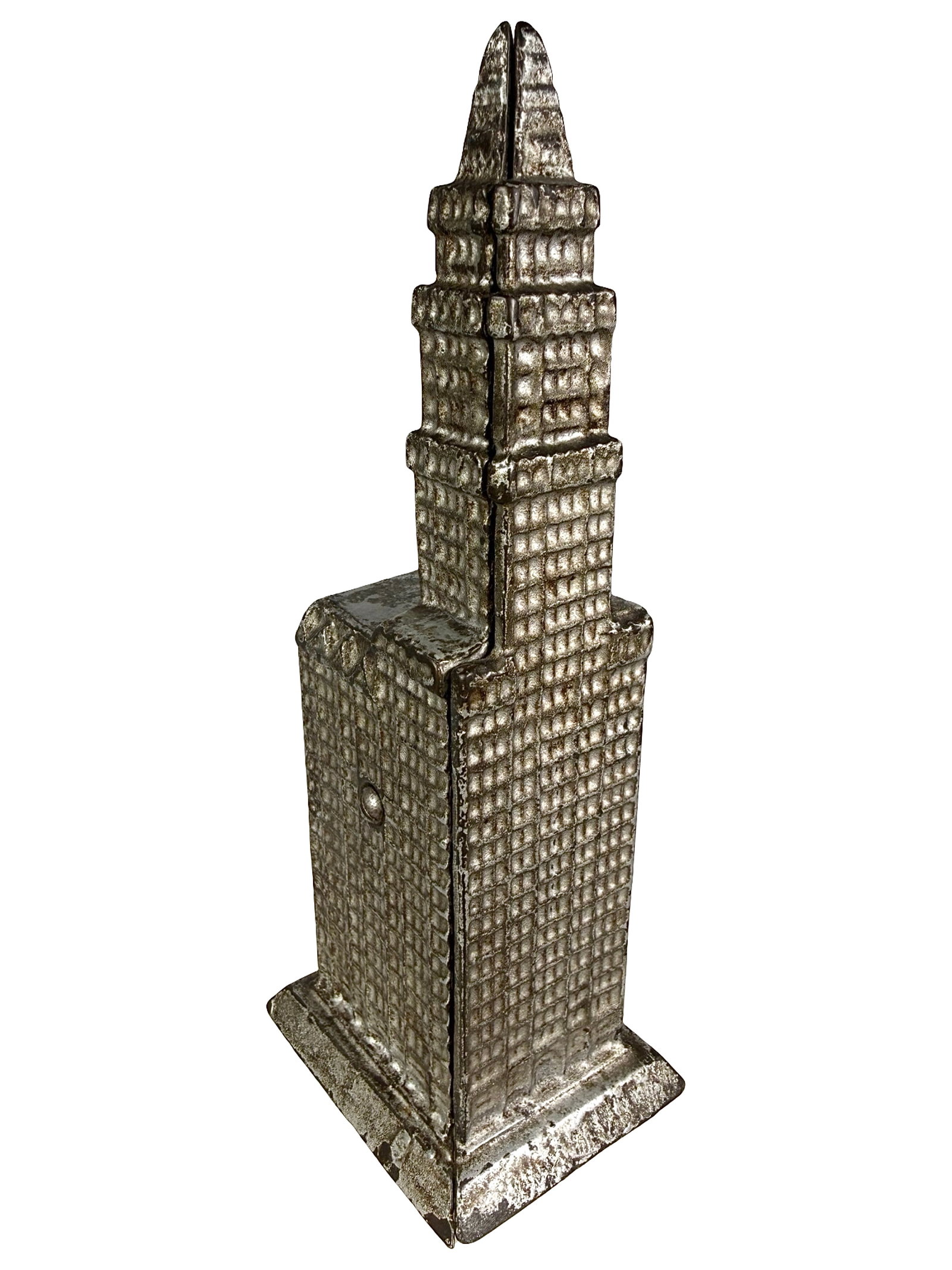 Woolworth Building on Base - Still Bank: By the Kenton Hardware Company. Kenton, Ohio - Circa 1915 - 8 1/8" T. Shown on P. 138 in the Peirce Book. The Tom Kellogg Collection. Completed in 1913, at 792 feet, the Woolworth Building was briefly