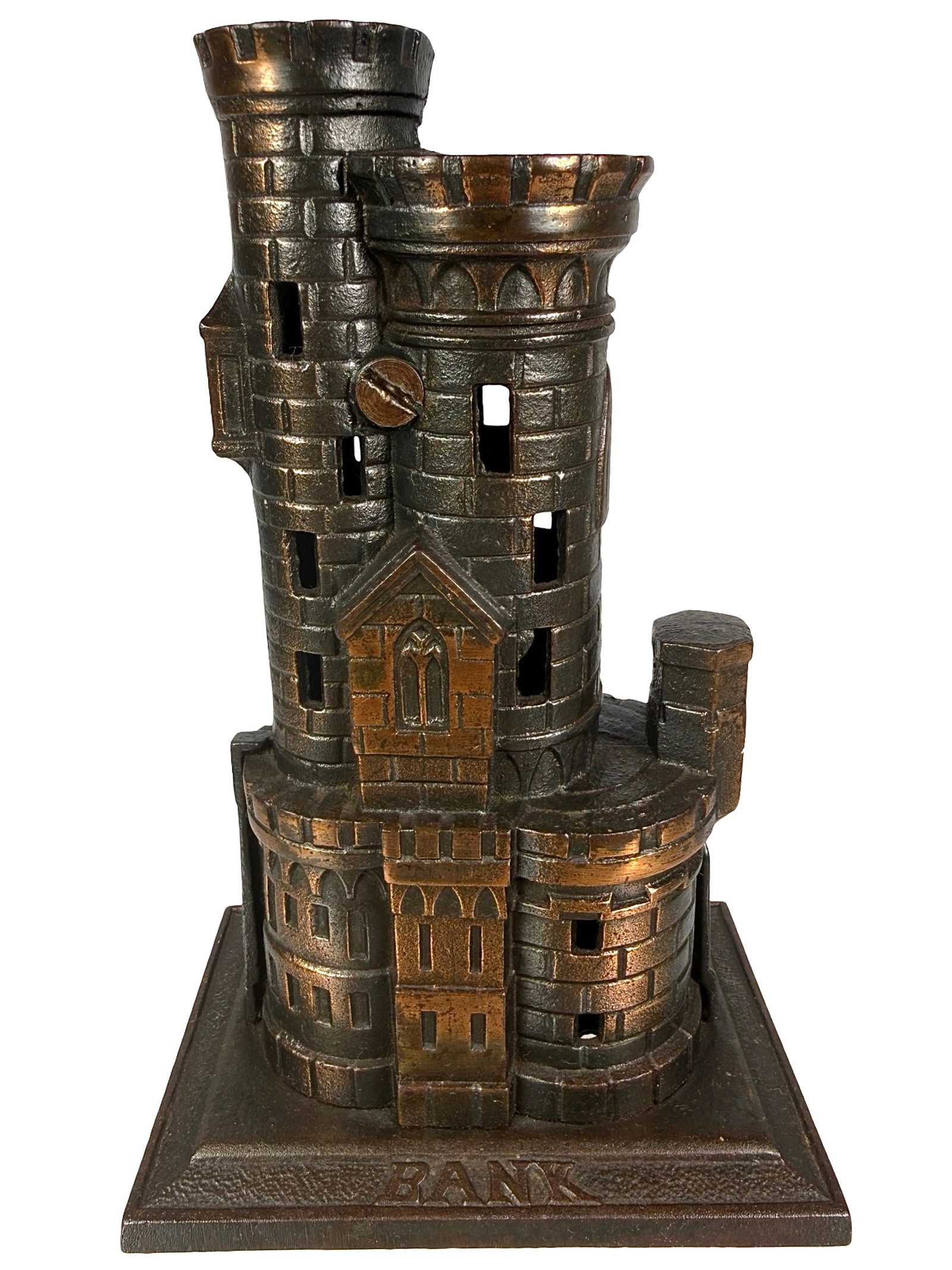 Castle with Two Towers - Still Bank: Scarce Electroplated Specimen. By the John Harper Company Ltd. England - Circa 1910 - 7" Tall. Shown on P. 83 in Peirce Book. The Tom Kellogg Collection. This is not a rare toy bank by any means, howe