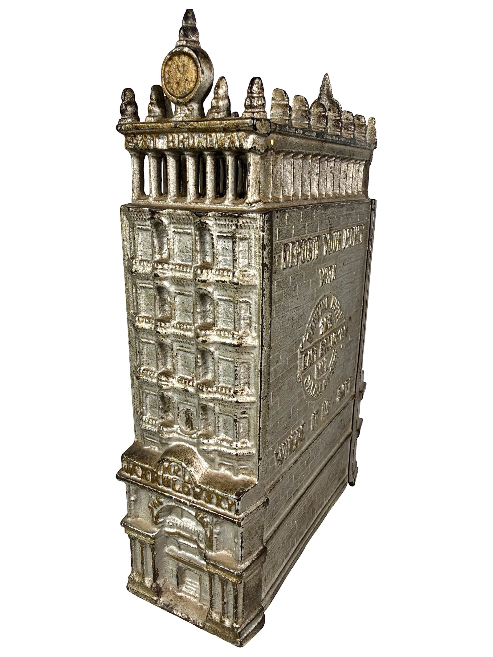 Jarmulowsky Bank Building: Standing at 165 East Broadway. Silver with Strong Gold Highlights. By the J. & E. Stevens Company. Cromwell, Ct. - 1912 - 7 3/4" T. The Tom Kellogg Collection. This represents very scarce production b