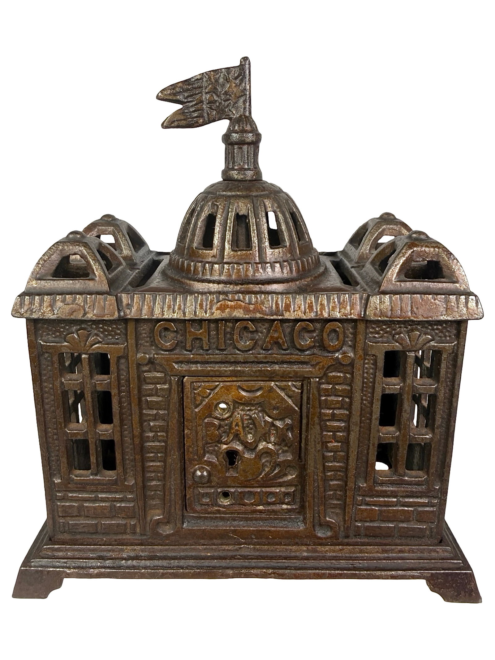 The Chicago Bank: 1893 World's Fair Memorabilia. Made by the John Harper Co. Ltd. England - Mid 1890's - 6 3/8" Tall. The Tom Kellogg Collection.