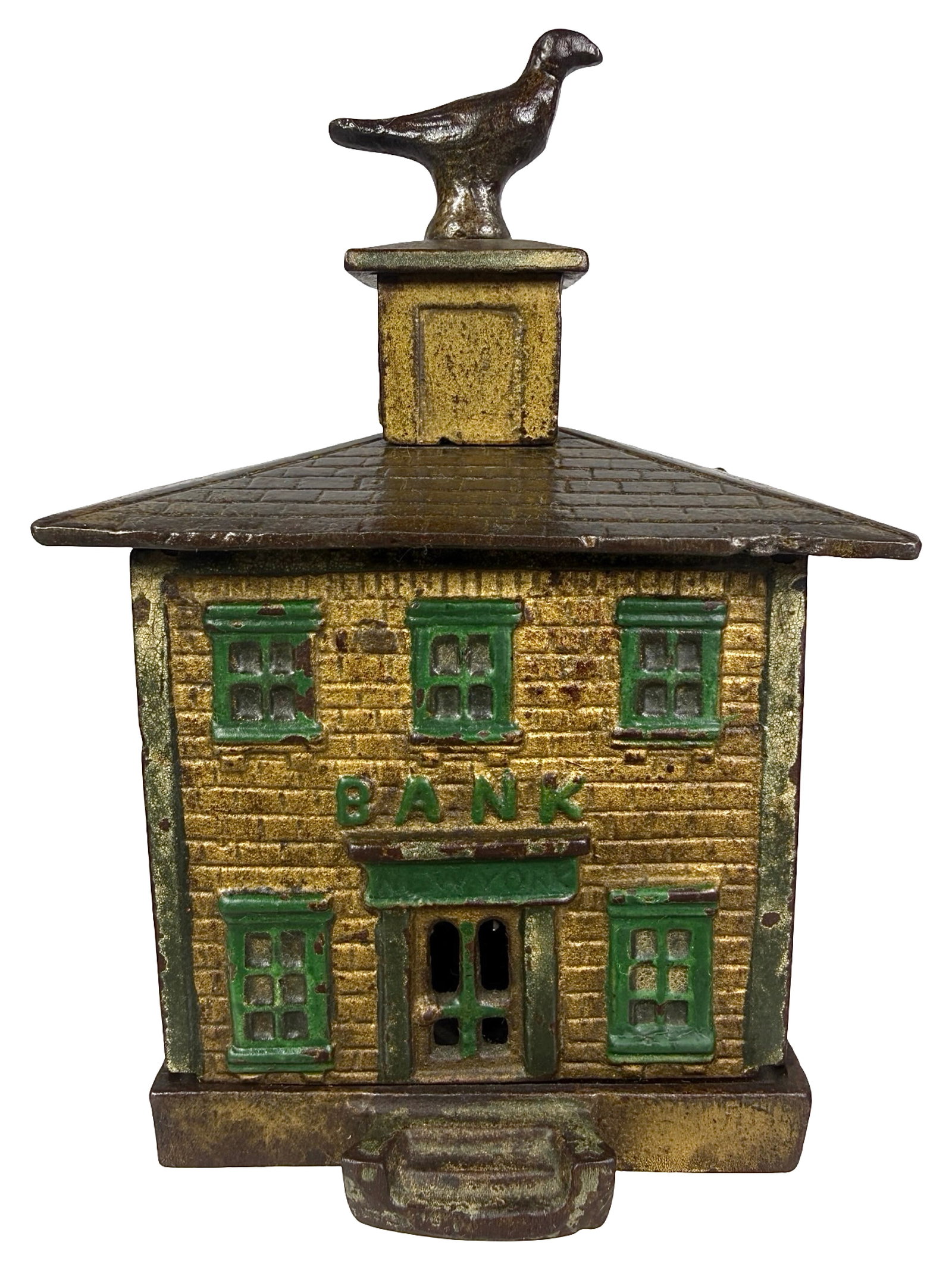 New York Bank: Wording appears in the Lintel. Unknown English Manufacturer. Circa Early 1890's - 5 7/8" Tall. Shown on P. 65 in the Peirce Book.