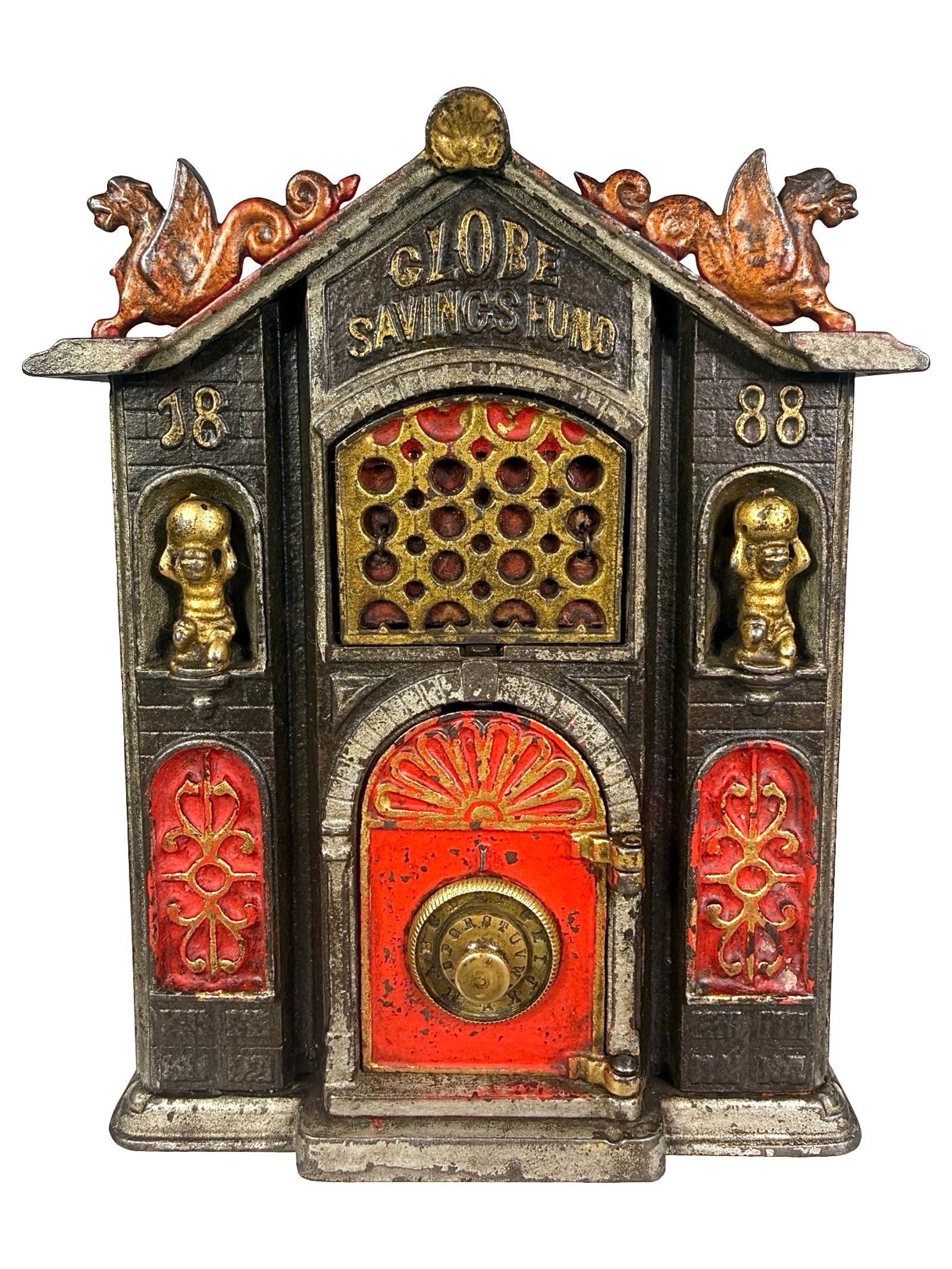 Globe Savings Fund Bank: Made by the Kyser & Rex Company. Frankford, Pa. - 1888 - 7 1/8" Tall. Bob and Shirley Peirce Collection. Hippocampus roof ornaments, coupled with tiny Atlas figures in recessed niches, and a hidden tr